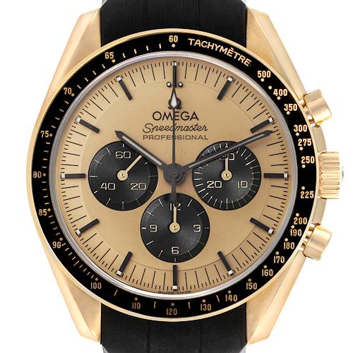 The Omega Speedmaster watch is shown from the front, highlighting its face, tachymeter bezel, and crown.