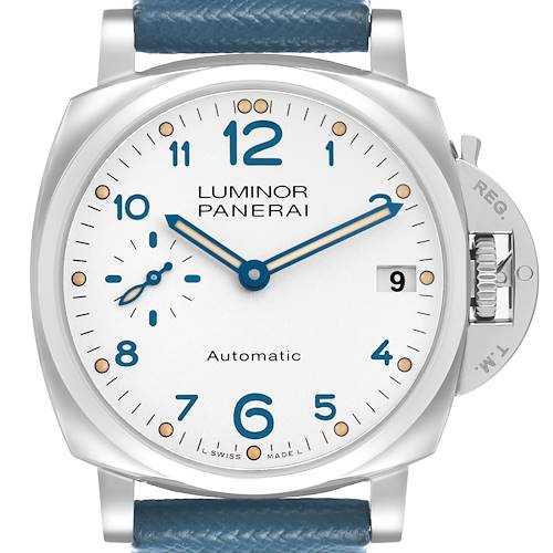 The image shows a frontal view of the Panerai Luminor Due PAM00903 Men's Stainless Steel White Dial watch, highlighting its dial, hands, and crown guard.