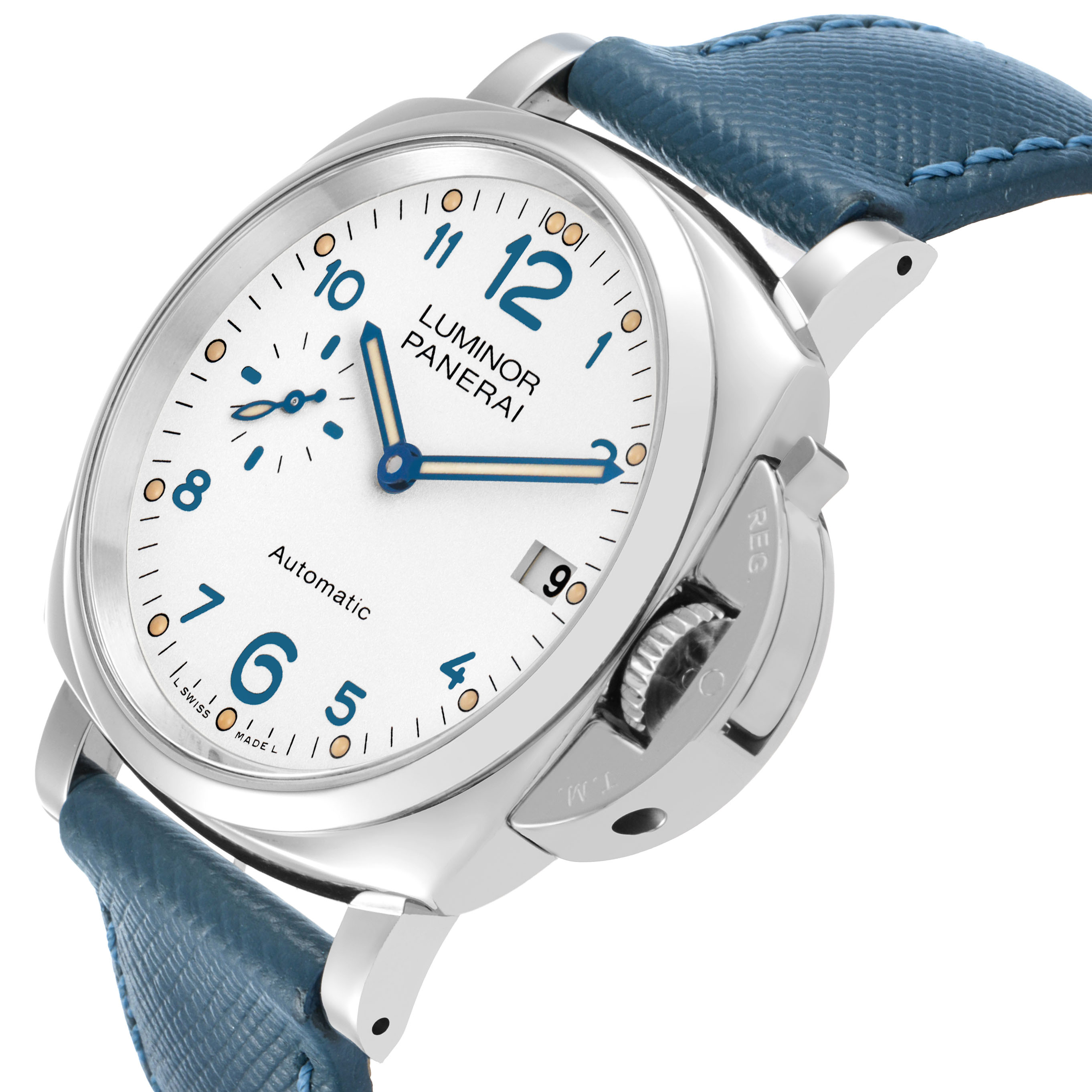 The Panerai Luminor Due PAM00903 Men's Stainless Steel White Dial watch is shown at a side angle, featuring the dial, crown, and strap with a blue leather band.