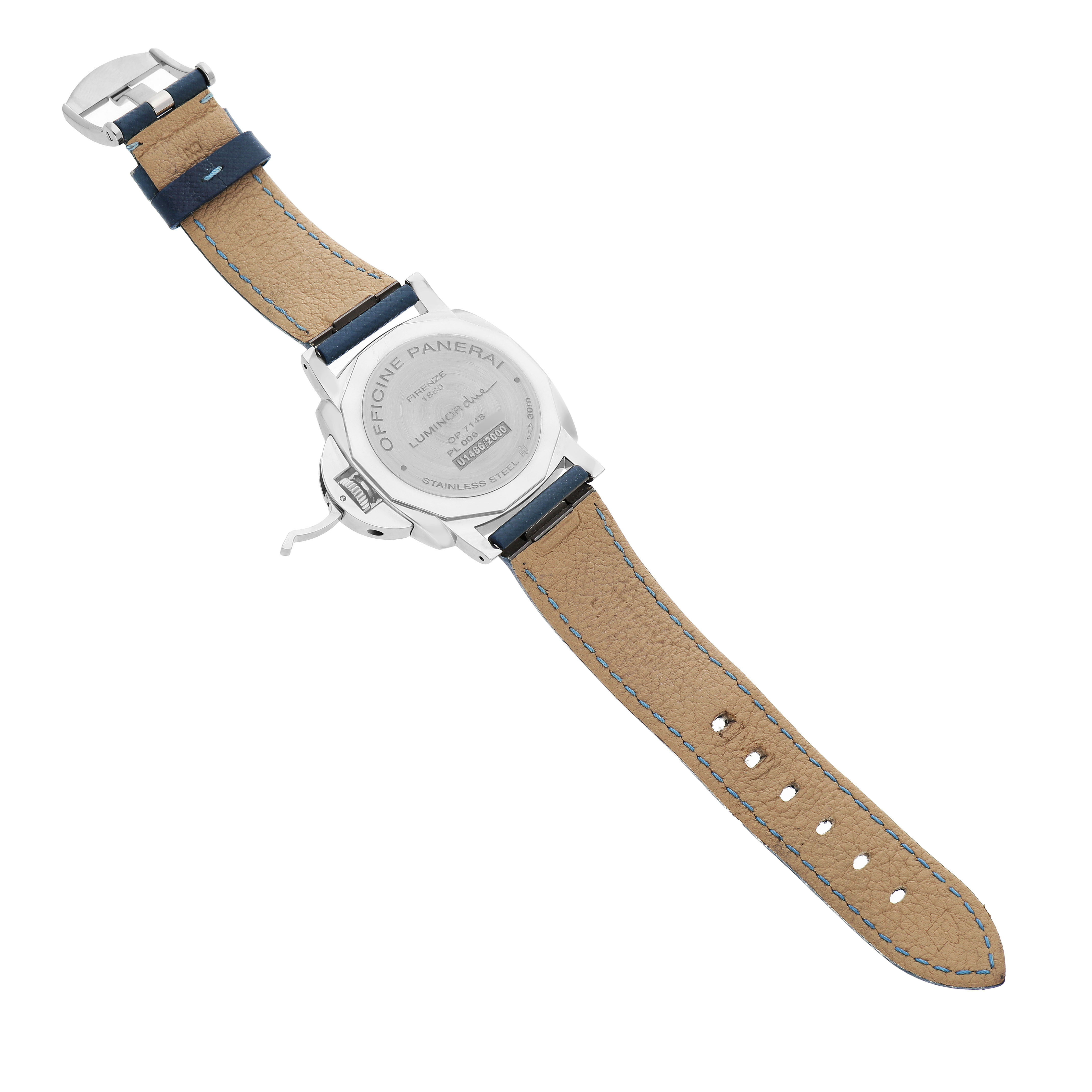 The image shows the back case and leather strap of the Panerai Luminor Due PAM00903 Men's Stainless Steel White Dial watch at an overhead angle.