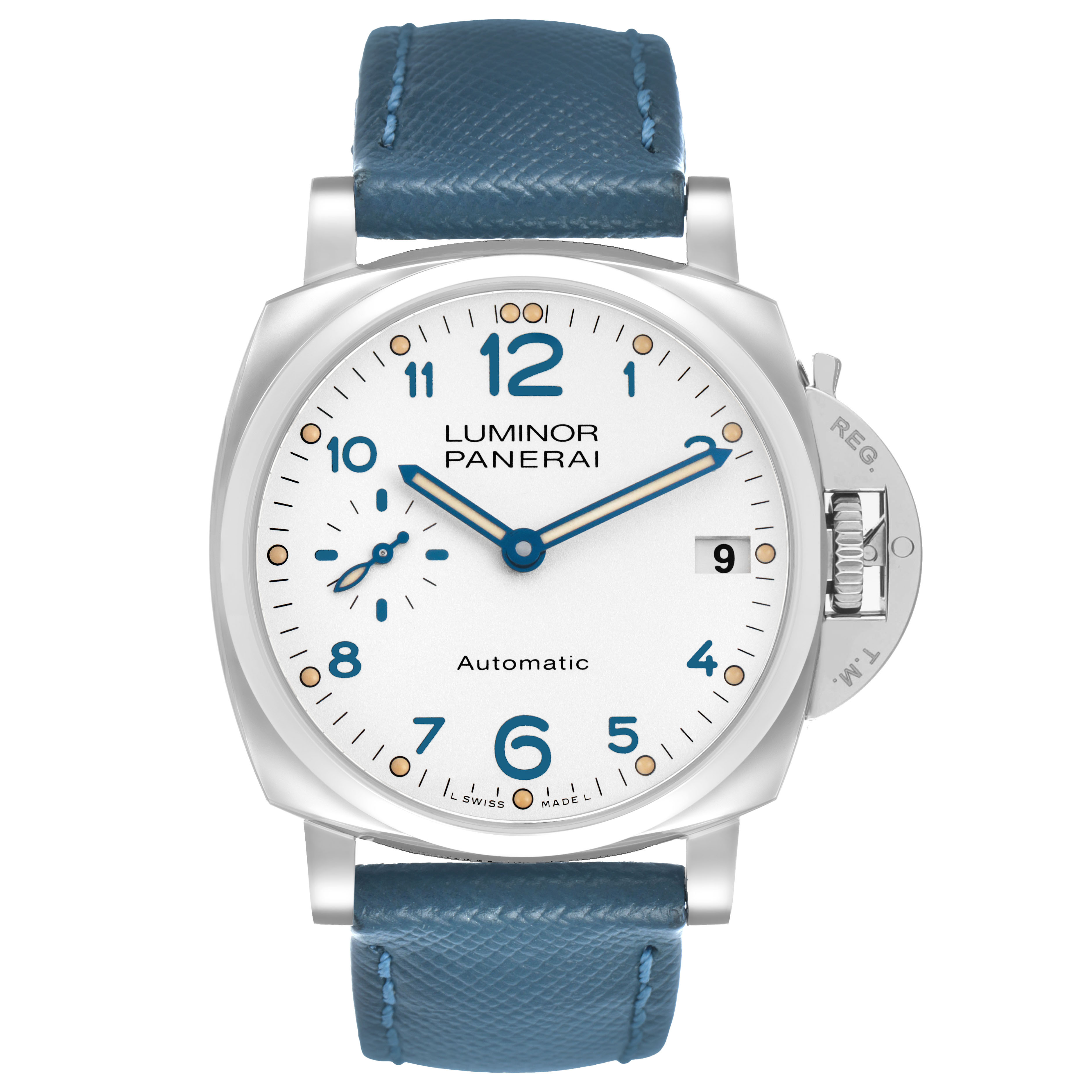 The Panerai Luminor Due PAM00903 Men's Stainless Steel White Dial watch is shown from the front, displaying the face, dial, crown, and strap.
