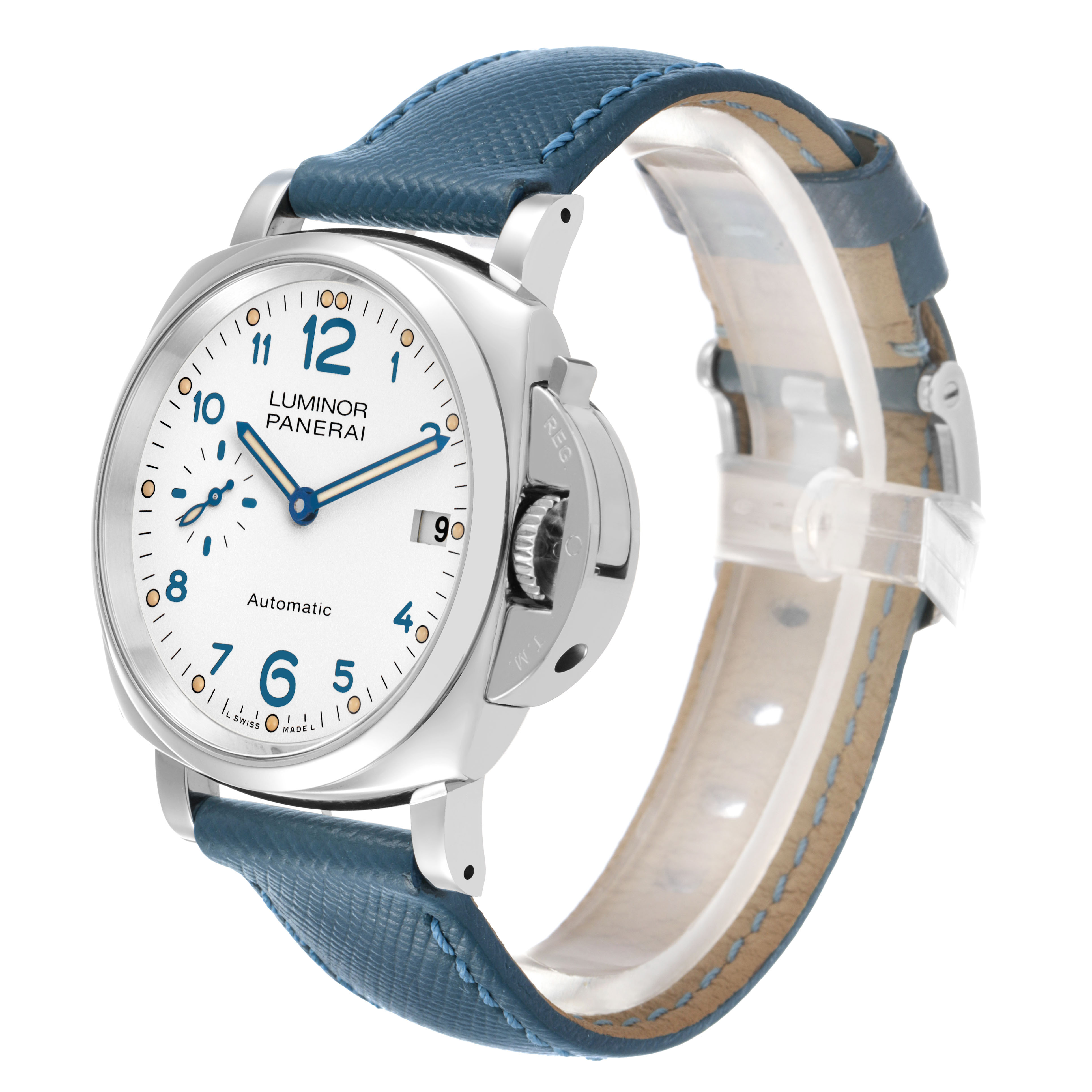 The Panerai Luminor Due PAM00903 Men's Stainless Steel White Dial watch is shown at an angle highlighting the face, crown, and blue strap.
