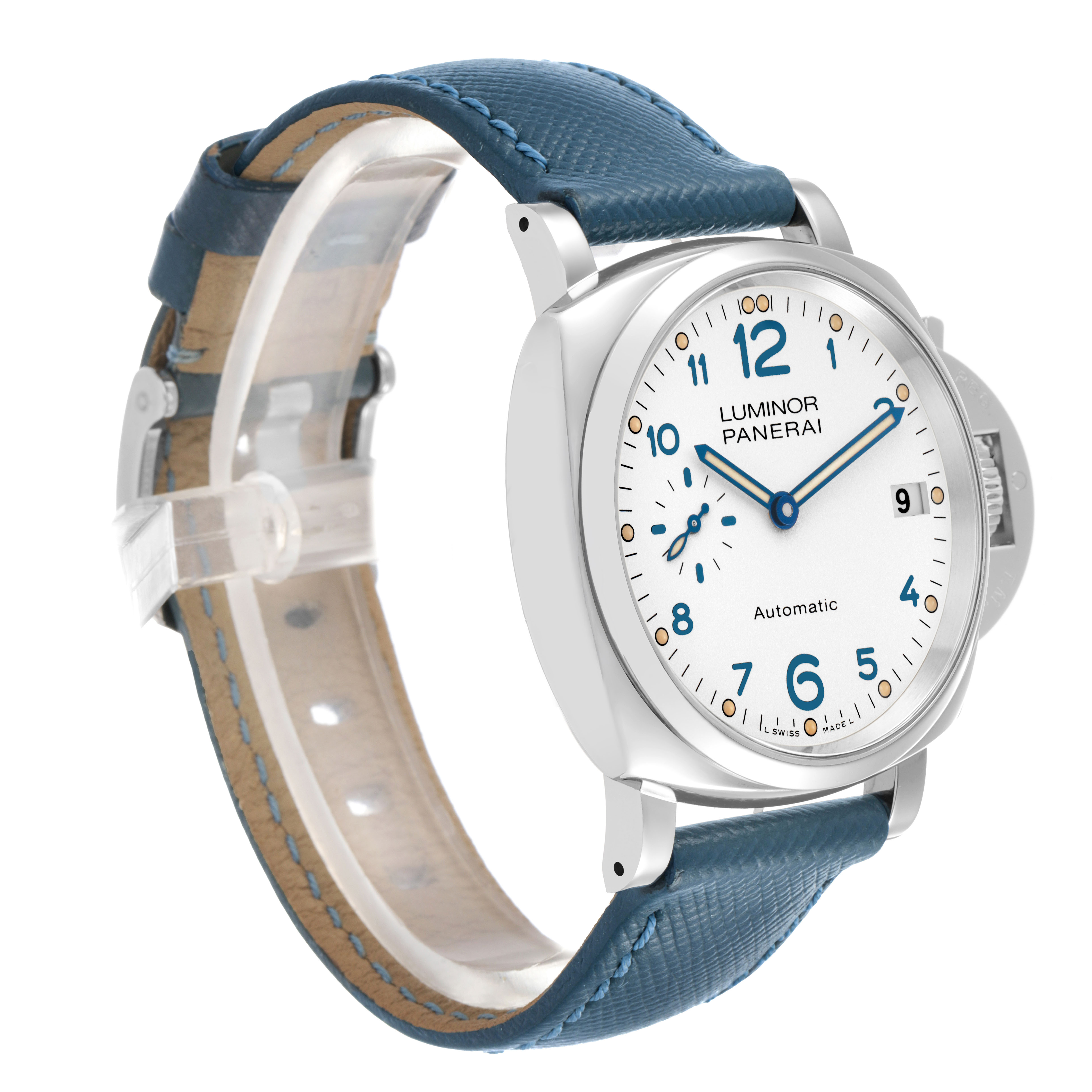 The image shows a side angle of the Panerai Luminor Due PAM00903 Men's Stainless Steel White Dial watch, highlighting its dial, case, and blue strap.