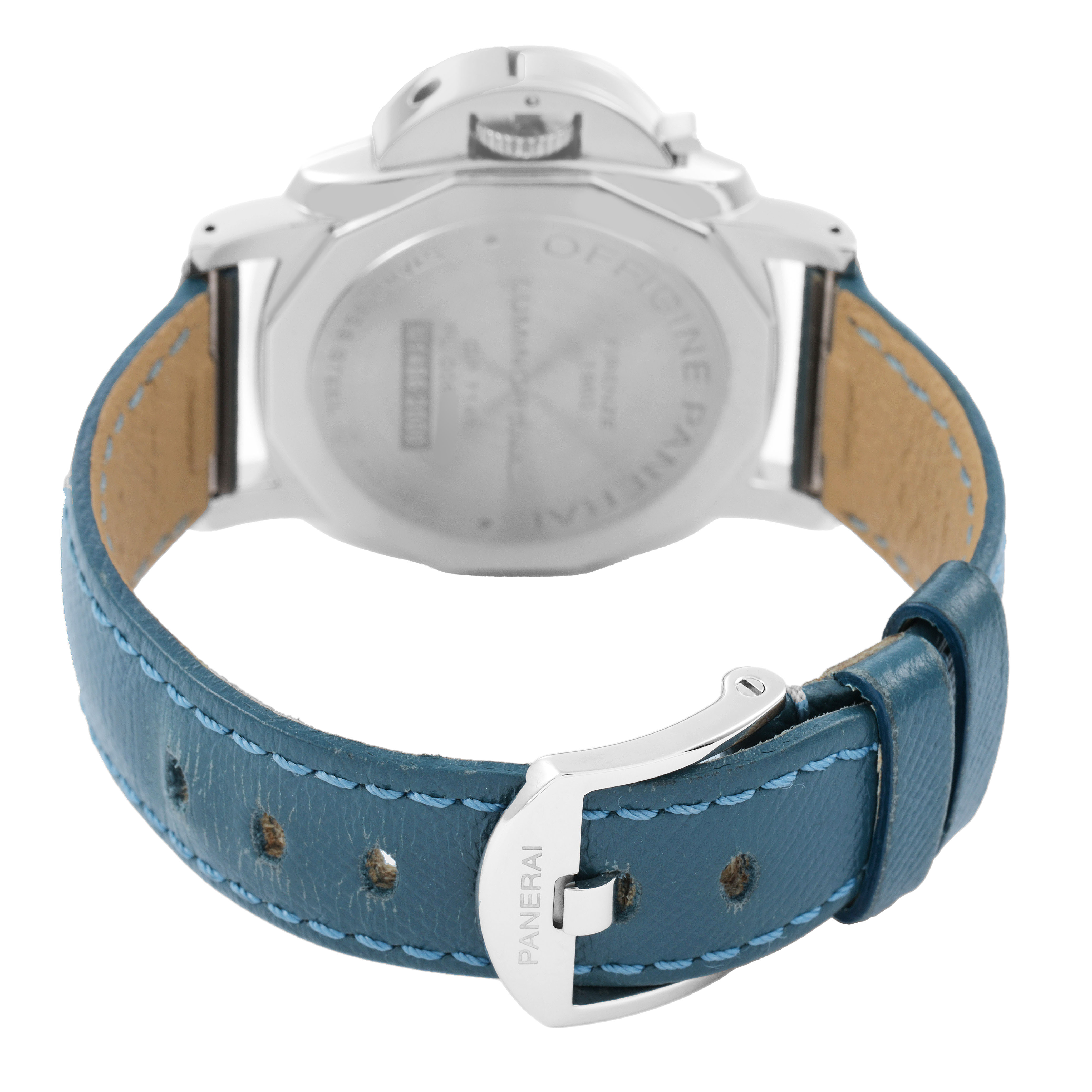 The image shows the back view of a Panerai Luminor Due PAM00903 Men's Stainless Steel White Dial watch, highlighting the case back and blue leather strap with buckle.