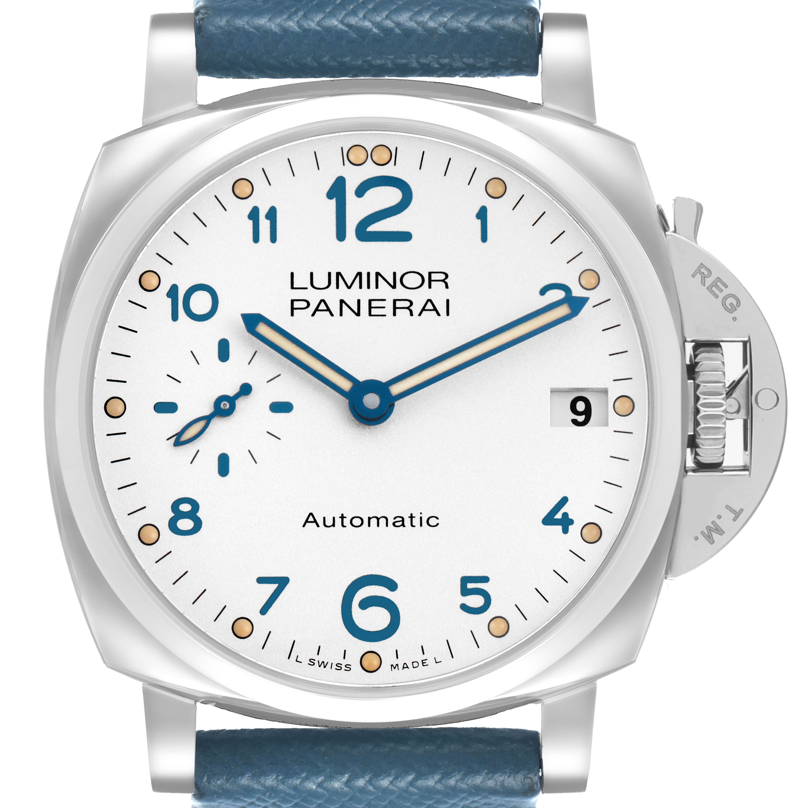 The image shows a front view of the Panerai Luminor Due PAM00903 Men's Stainless Steel White Dial watch, featuring its dial, strap, and crown guard.