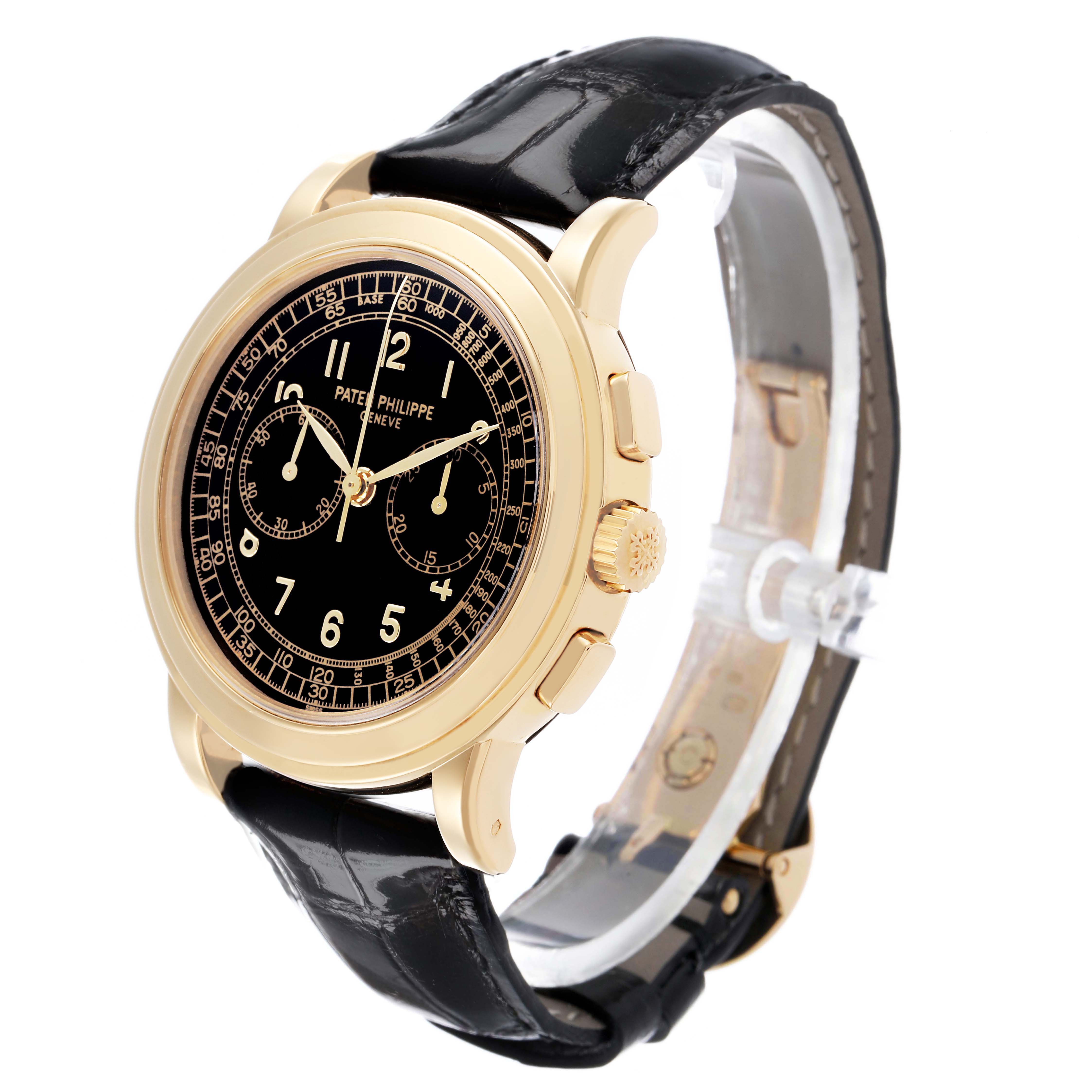The Patek Philippe Complications 5070J-001 Men's Yellow Gold Black Dial watch is shown at a three-quarter angle, highlighting the face, case, crown, and black strap.
