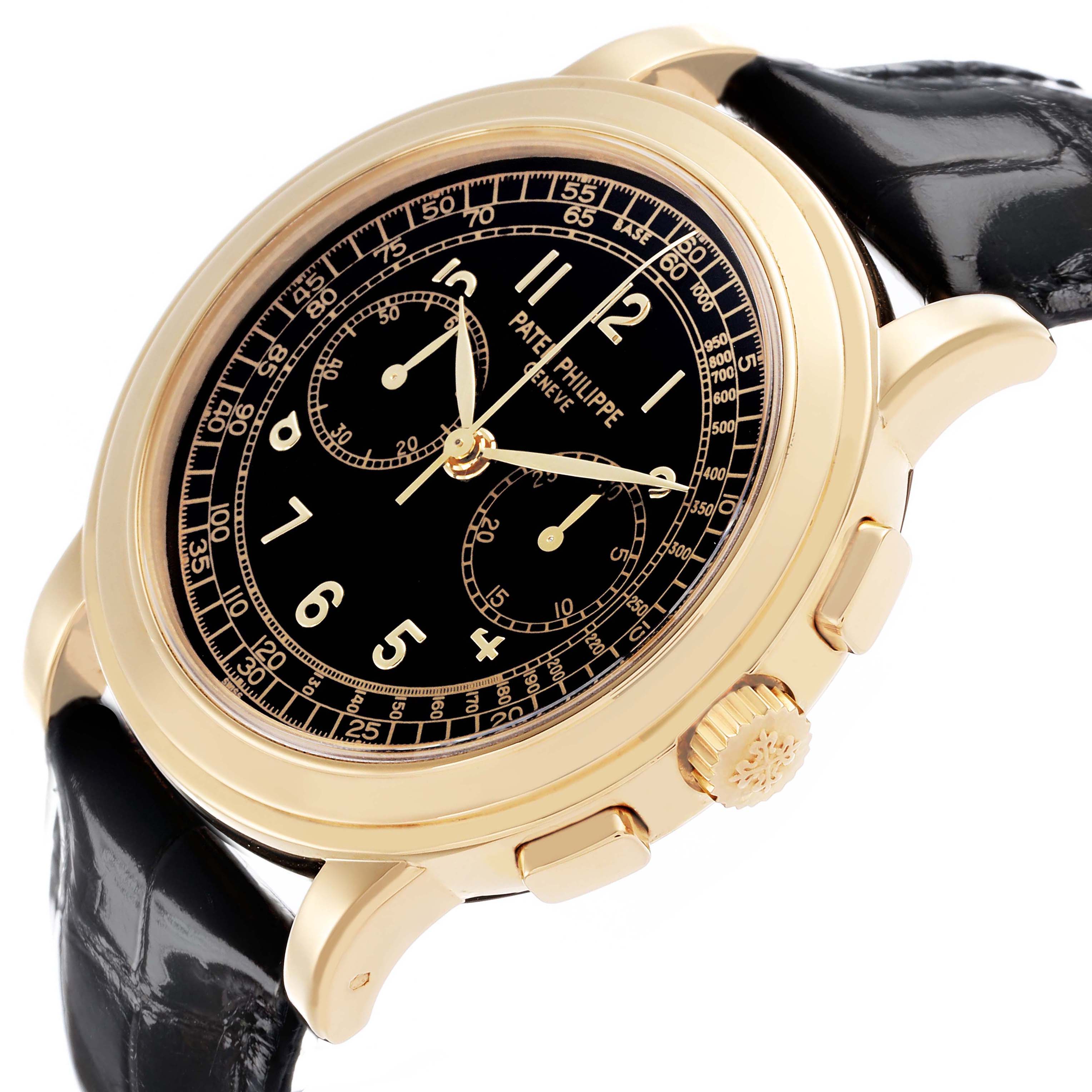 The Patek Philippe Complications 5070J-001 Men's Yellow Gold Black Dial watch is shown at a slight angle, displaying the face, case, crown, and part of the strap.