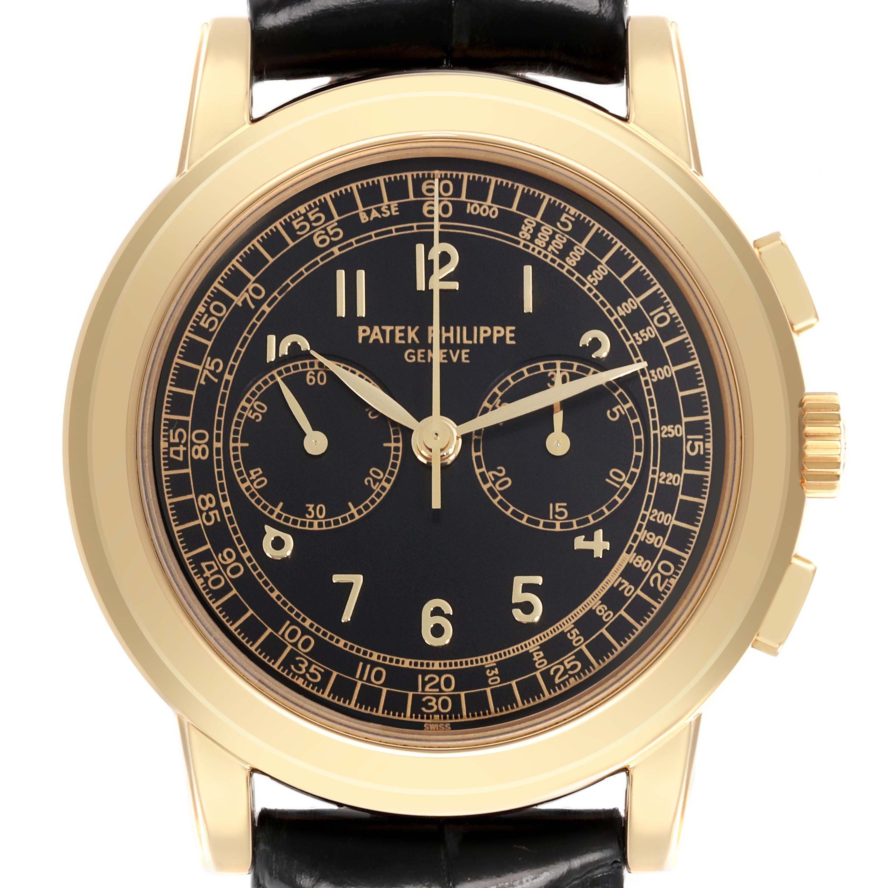 The Patek Philippe Complications 5070J-001 Men's Yellow Gold Black Dial watch is shown from the front, displaying the dial, case, crown, and pushers.