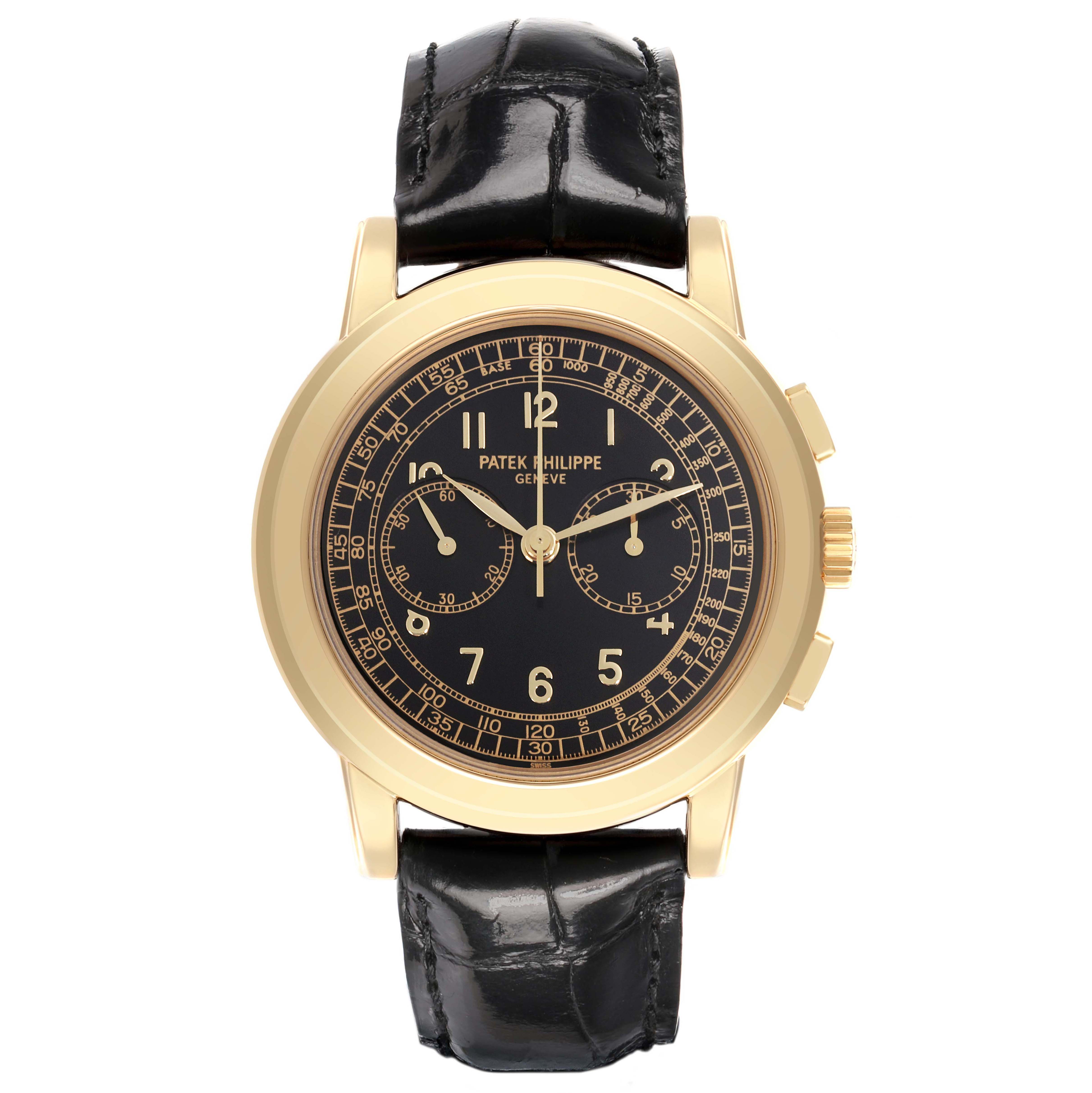 The Patek Philippe Complications 5070J-001 Men's Yellow Gold Black Dial watch is shown from a front angle, displaying its black dial, gold case, and leather strap.