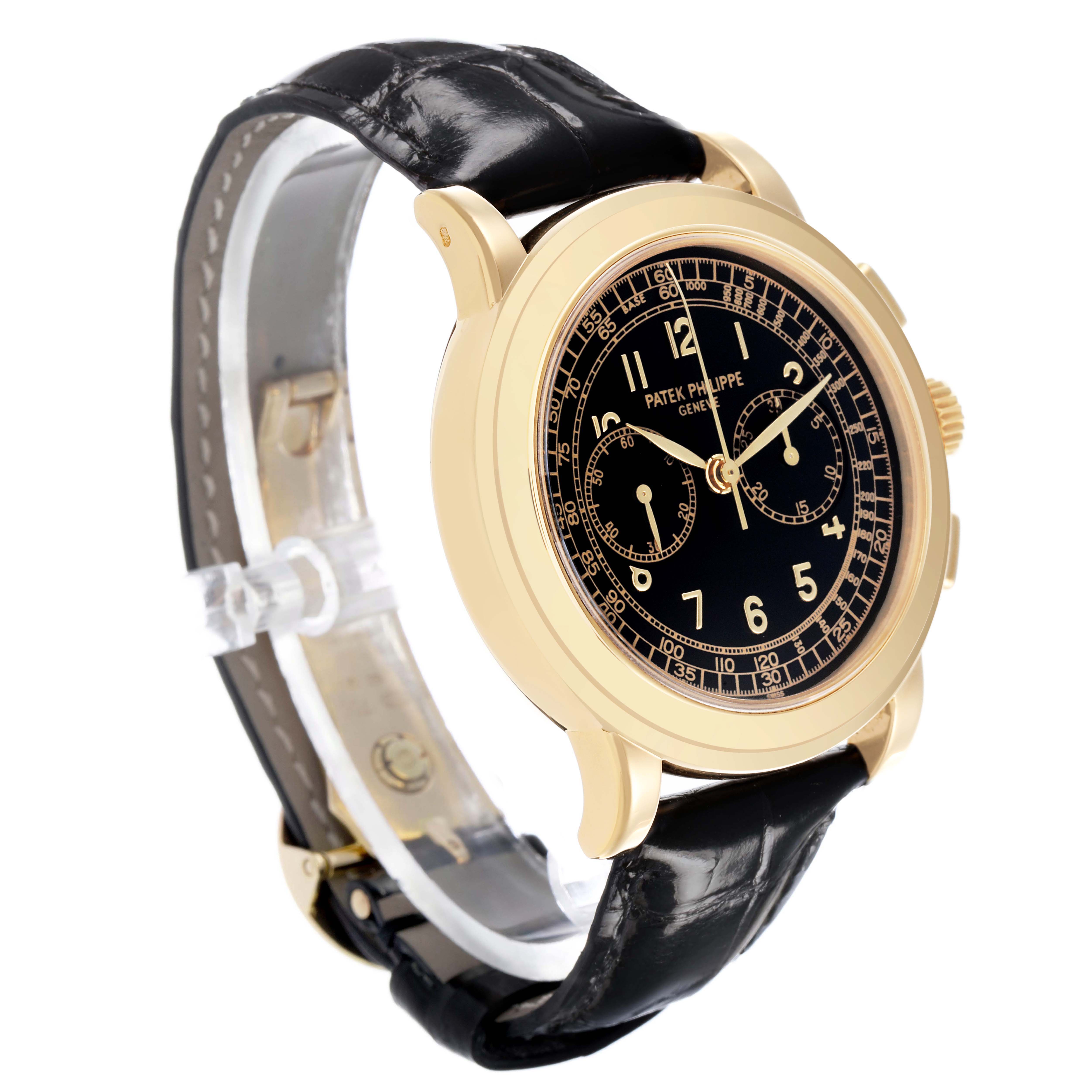 The Patek Philippe Complications 5070J-001 Men's Yellow Gold Black Dial watch is shown at an angled view, highlighting the black dial, gold case, and leather strap.