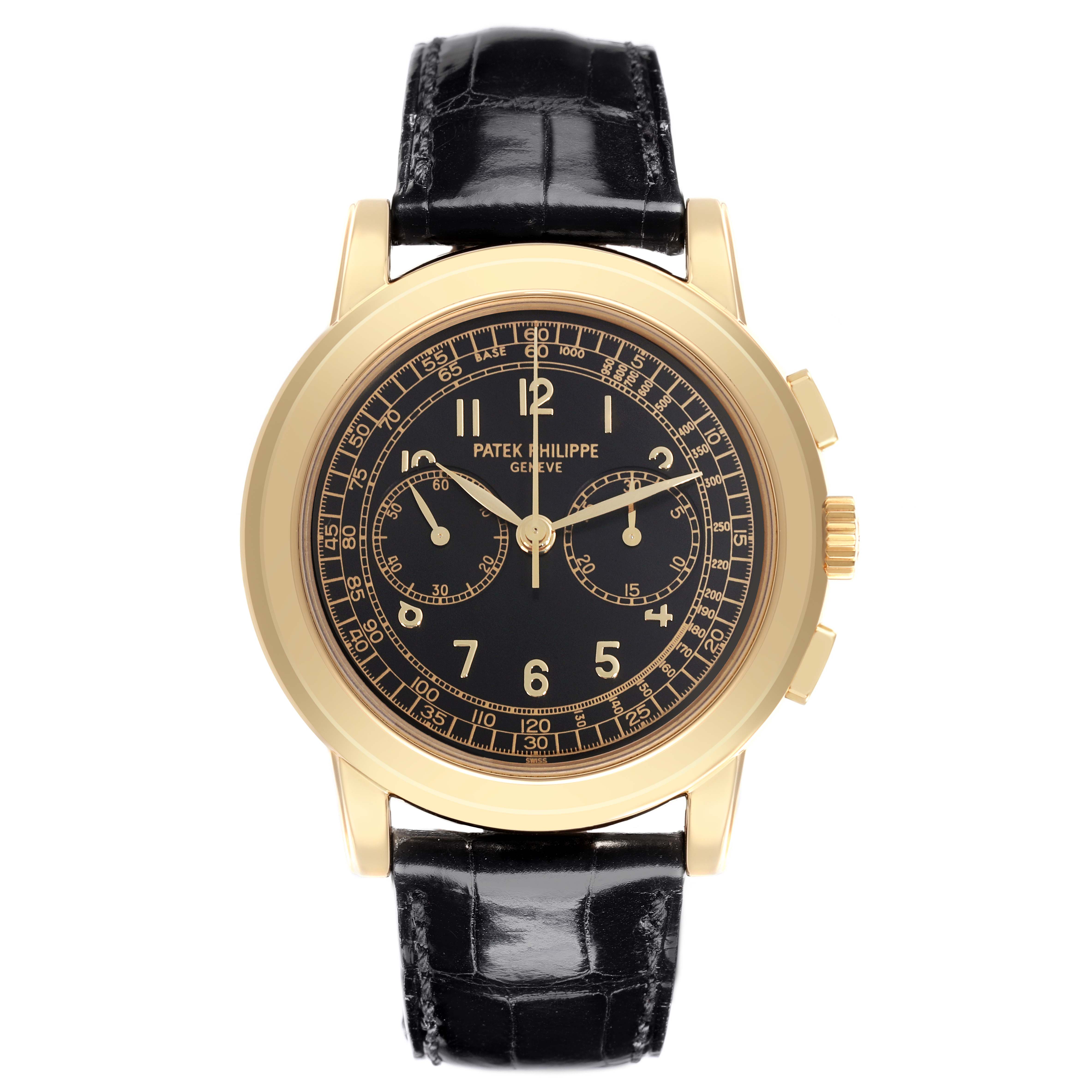 The Patek Philippe Complications 5070J-001 Men's Yellow Gold Black Dial 5070J-001 Men's Yellow Gold Black Dial model is shown from the front, displaying the watch face, straps, and side buttons.
