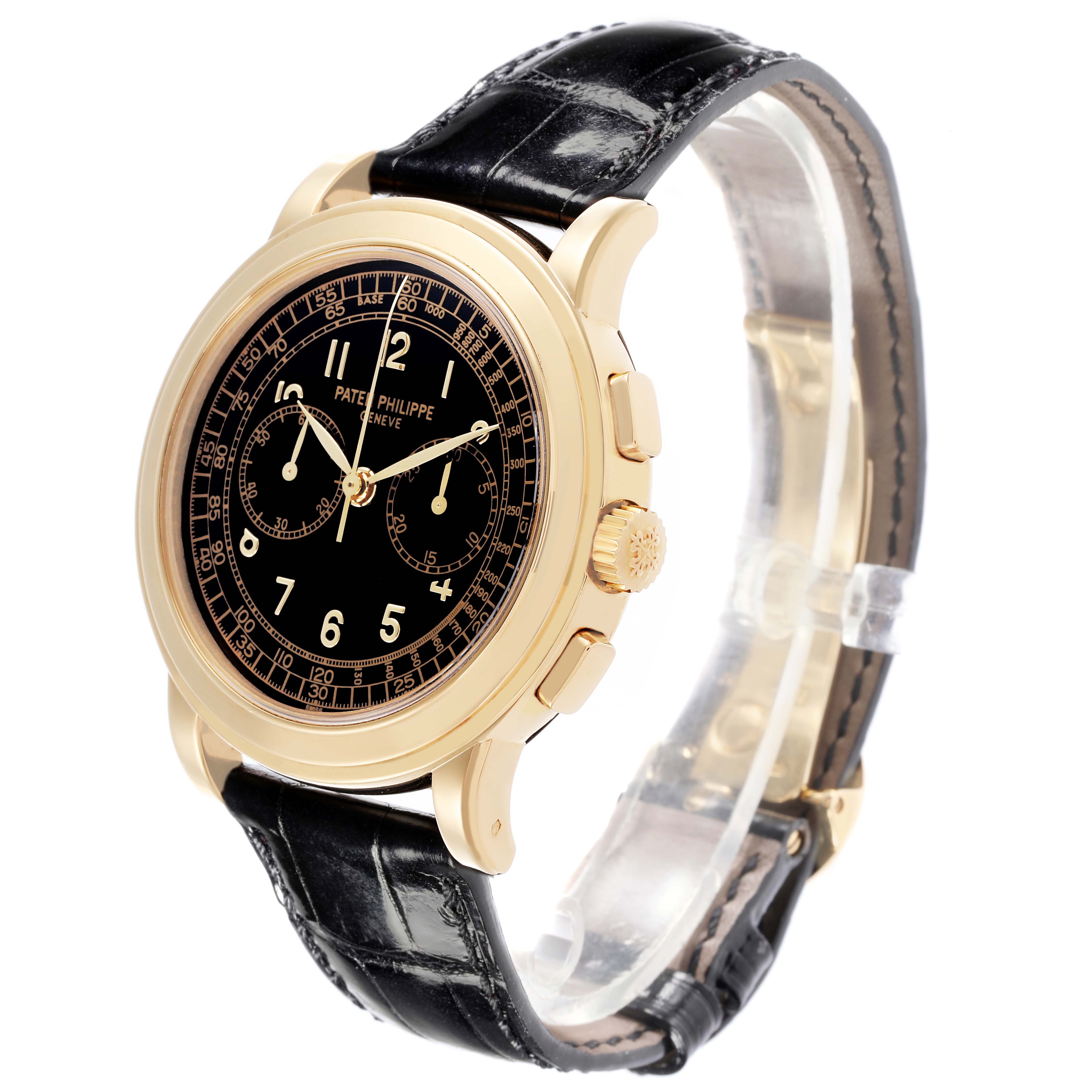 The Patek Philippe Complications 5070J-001 Men's Yellow Gold Black Dial 5070J-001 Men's Yellow Gold Black Dial watch is shown at a three-quarter angle, highlighting its black dial, gold case, crown, and leather strap.