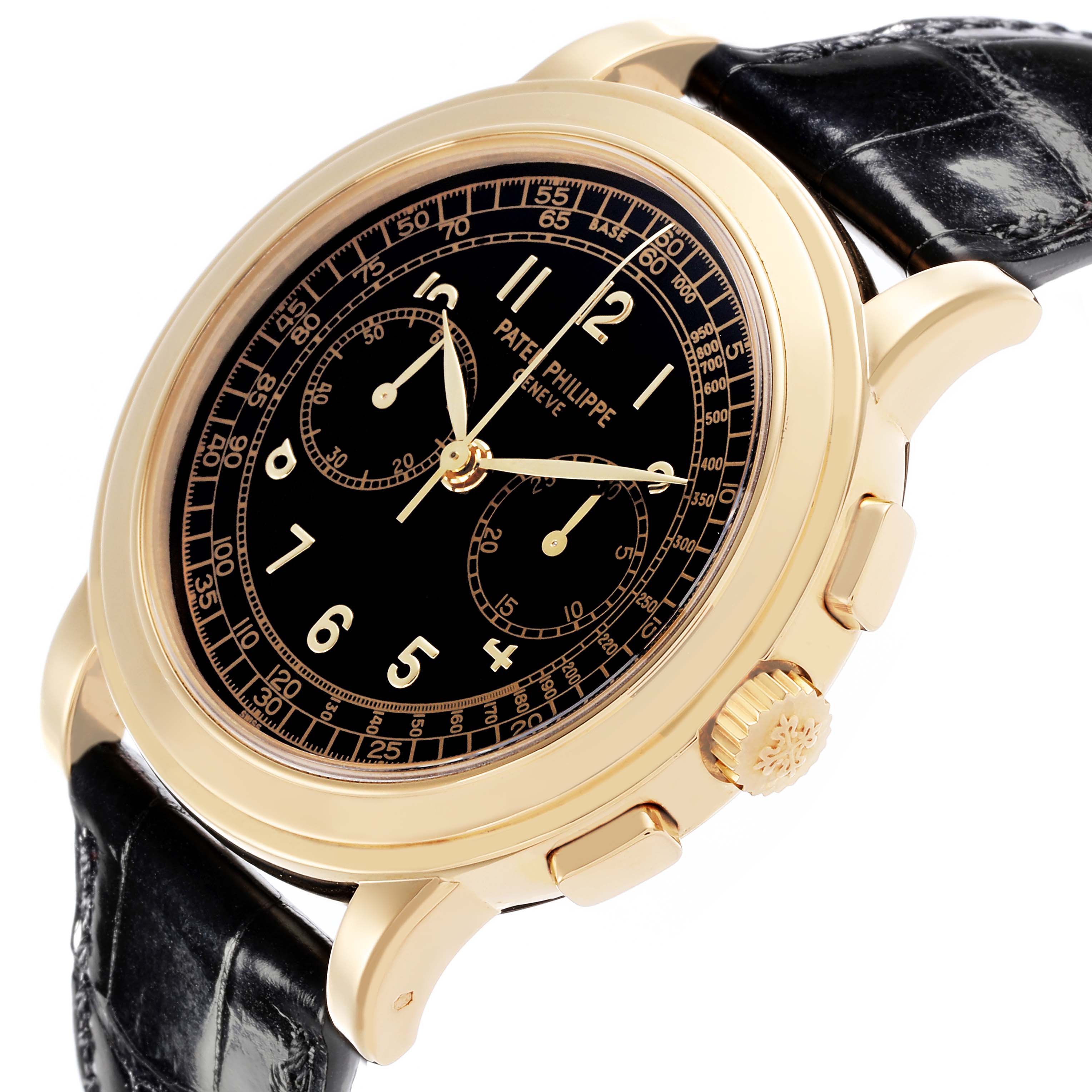 The Patek Philippe Complications 5070J-001 Men's Yellow Gold Black Dial 5070J-001 Men's Yellow Gold Black Dial model is shown at a three-quarter angle, highlighting the black dial, gold case, crown, and pushers.