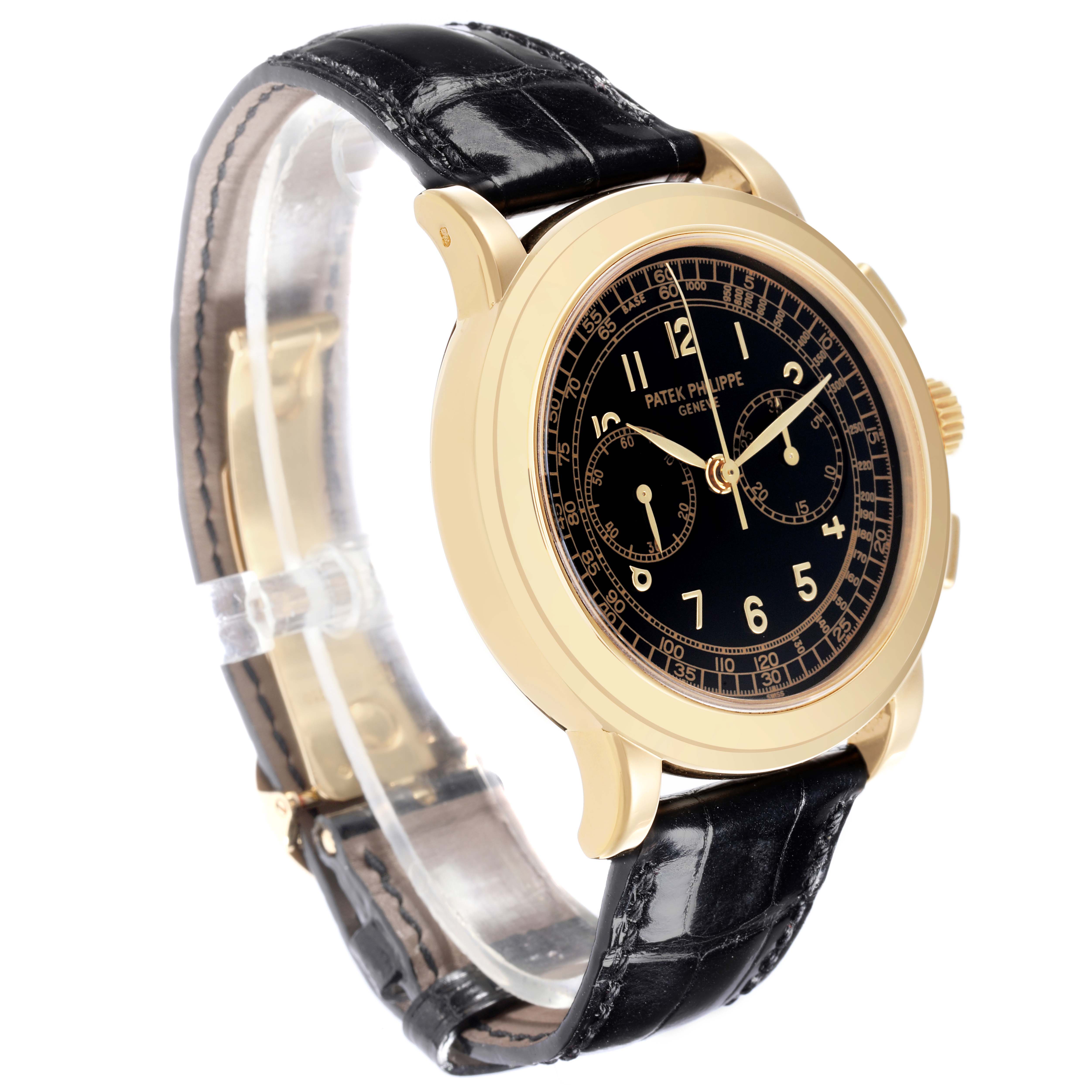 The Patek Philippe Complications 5070J-001 Men's Yellow Gold Black Dial 5070J-001 Men's Yellow Gold Black Dial watch is shown at a three-quarter angle highlighting the face, crown, and black leather strap.