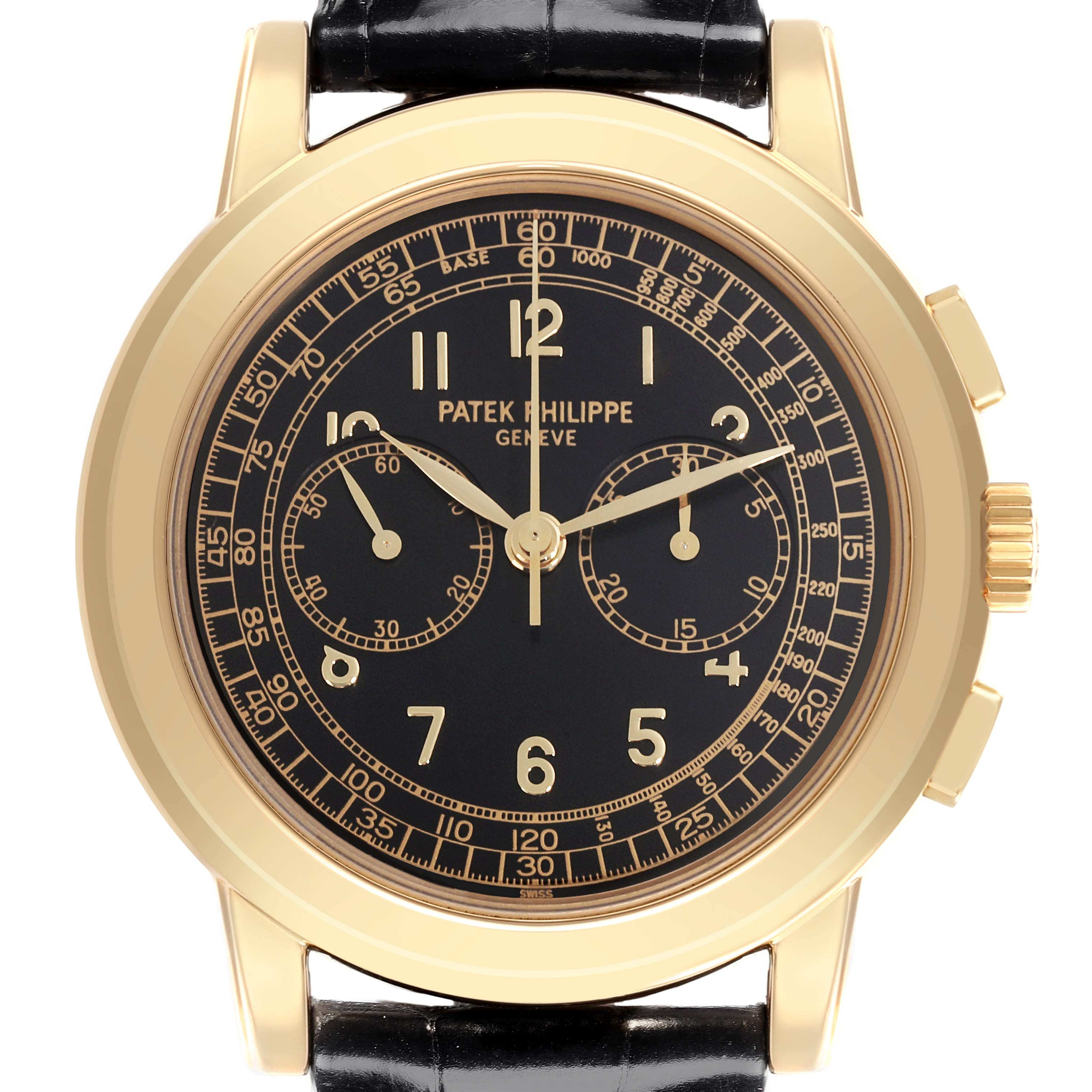 The Patek Philippe Complications 5070J-001 Men's Yellow Gold Black Dial 5070J-001 Men's Yellow Gold Black Dial watch is shown from a front angle, highlighting the black dial, gold case, and leather strap.