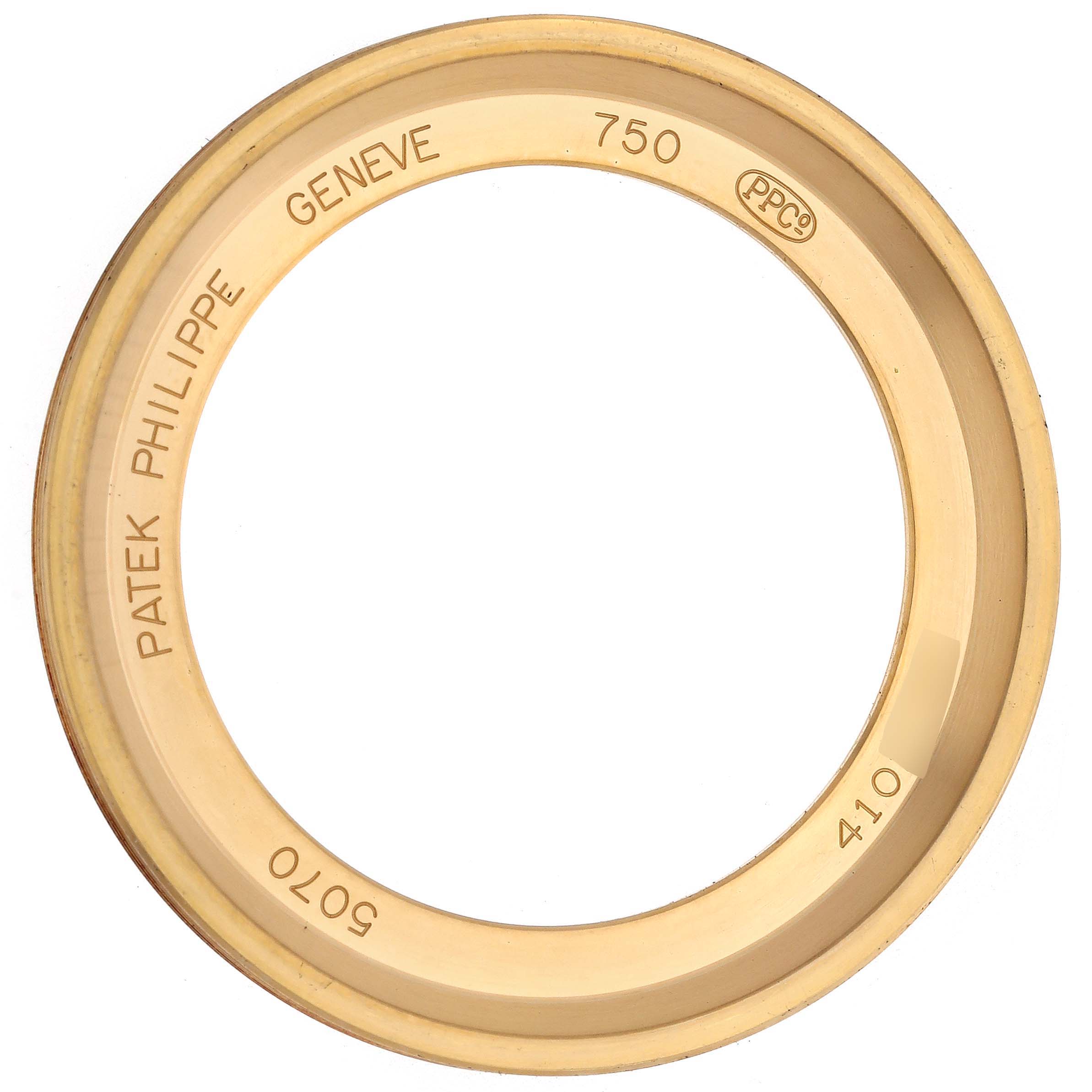 The image shows a top view of a gold ring component for a Patek Philippe Complications 5070J-001 Men's Yellow Gold Black Dial 5070J-001 Men's Yellow Gold Black Dial model.