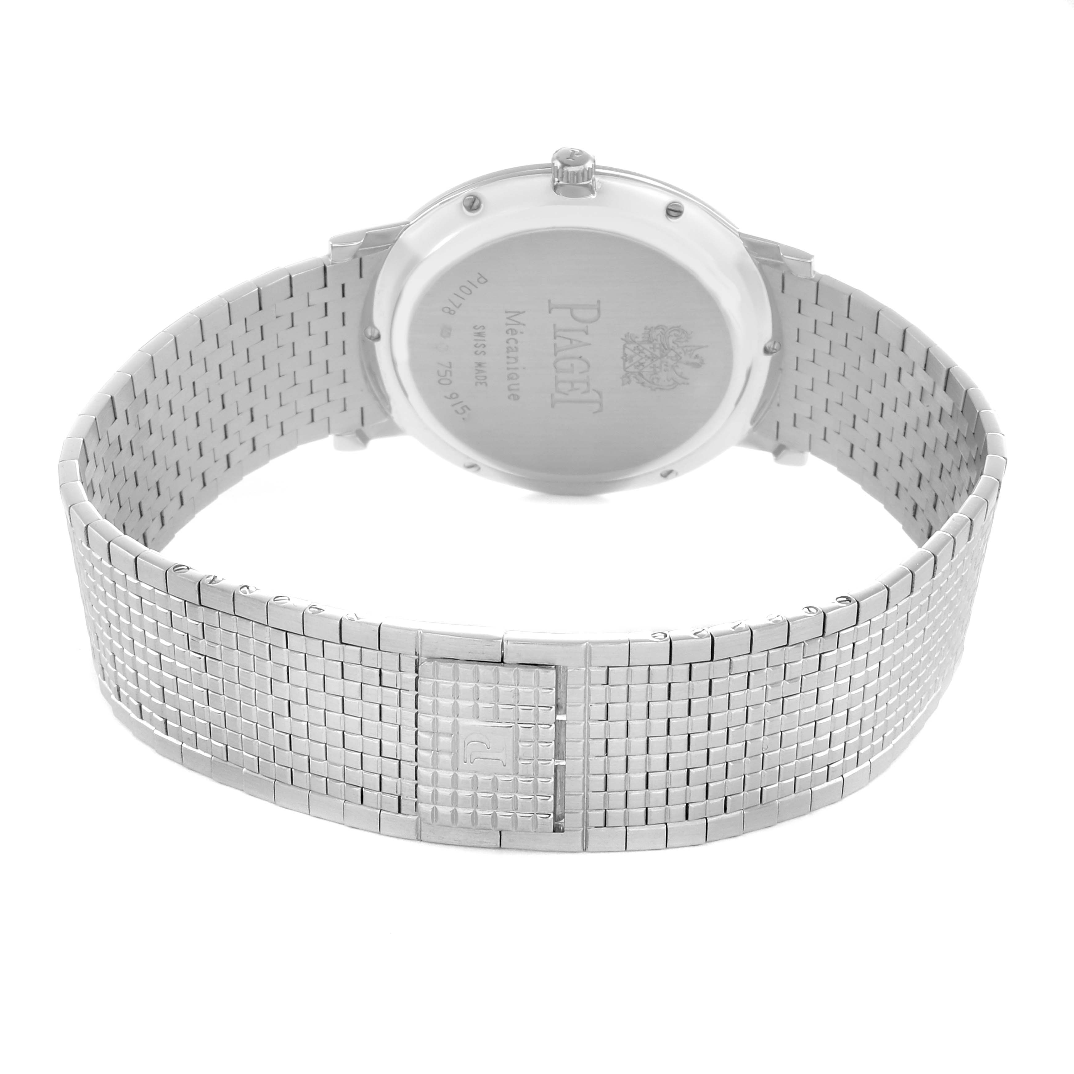 The Piaget P10178 Men
s White Gold Silver Dial Altiplano P10178 is shown from the back, highlighting the case back and metal bracelet.