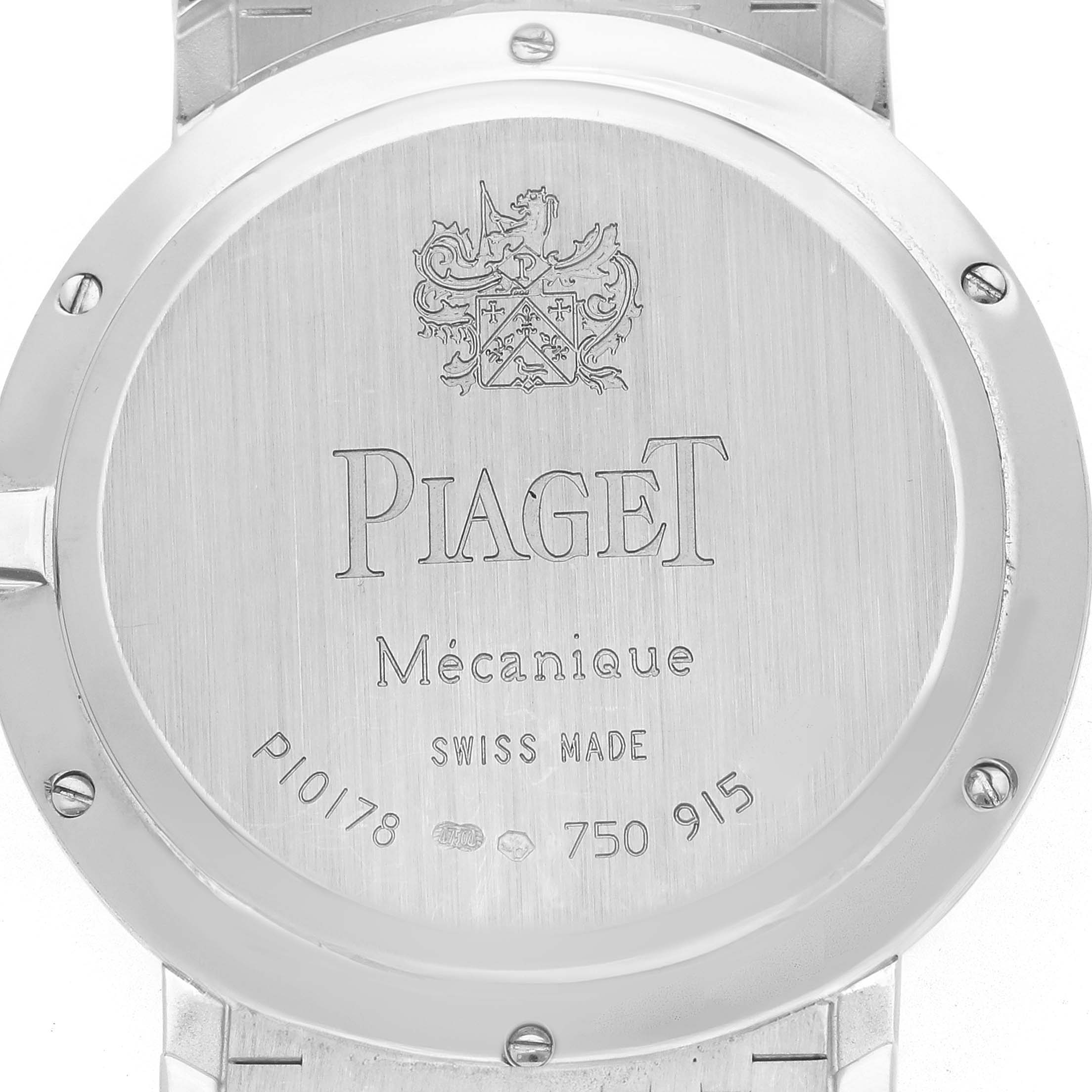 The image shows the back case of a Piaget P10178 Men
s White Gold Silver Dial Altiplano P10178 watch, featuring branding and model details.