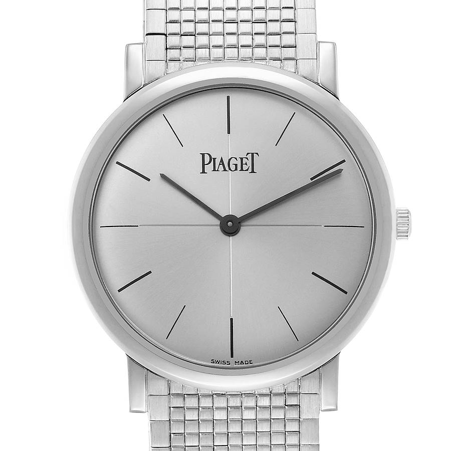 The Piaget P10178 Men's White Gold Silver Dial Altiplano P10178 watch is shown from a front angle, displaying the silver dial and part of the bracelet.