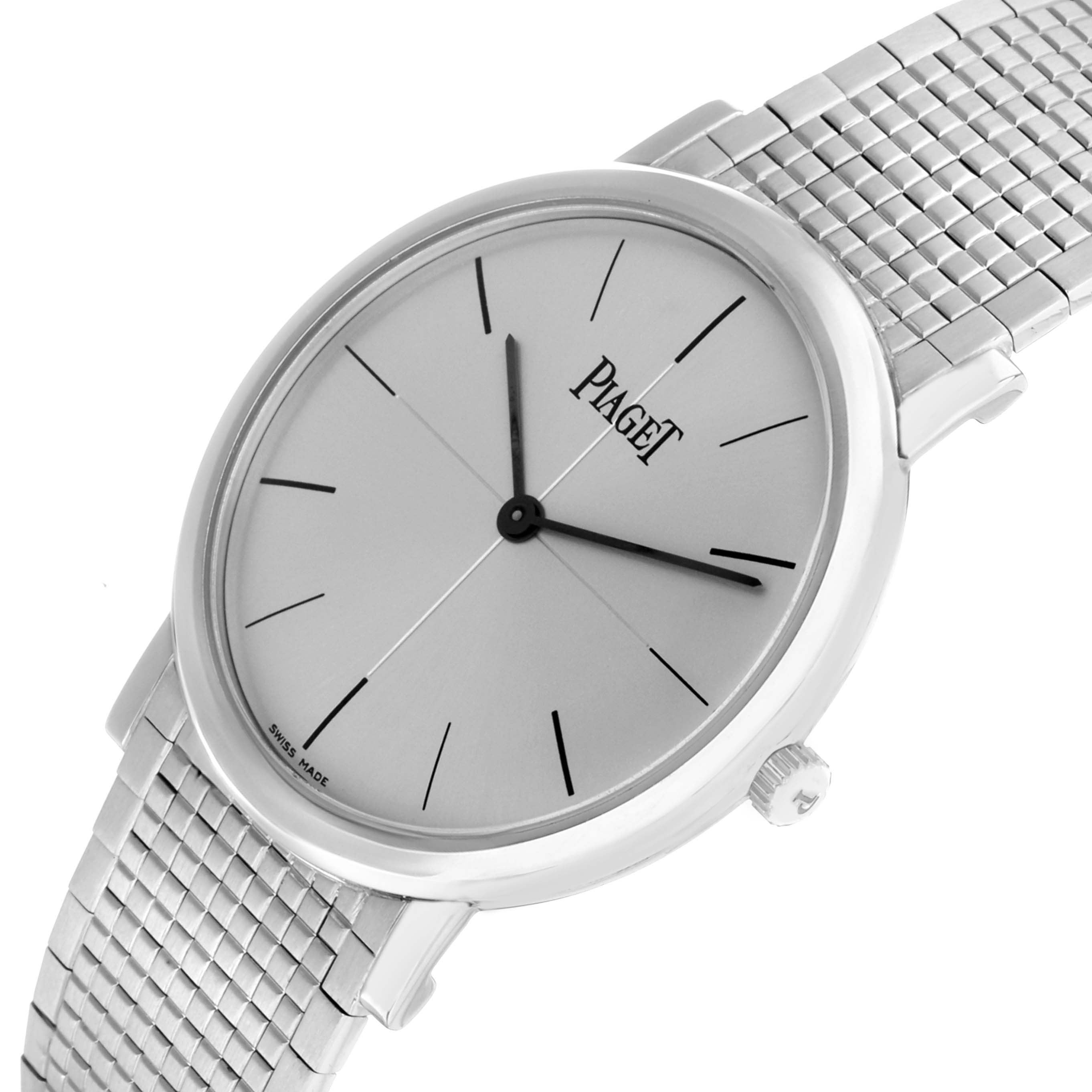 The Piaget P10178 Men
s White Gold Silver Dial Altiplano P10178 watch is shown at a slight angle, highlighting the face, crown, and silver mesh bracelet.