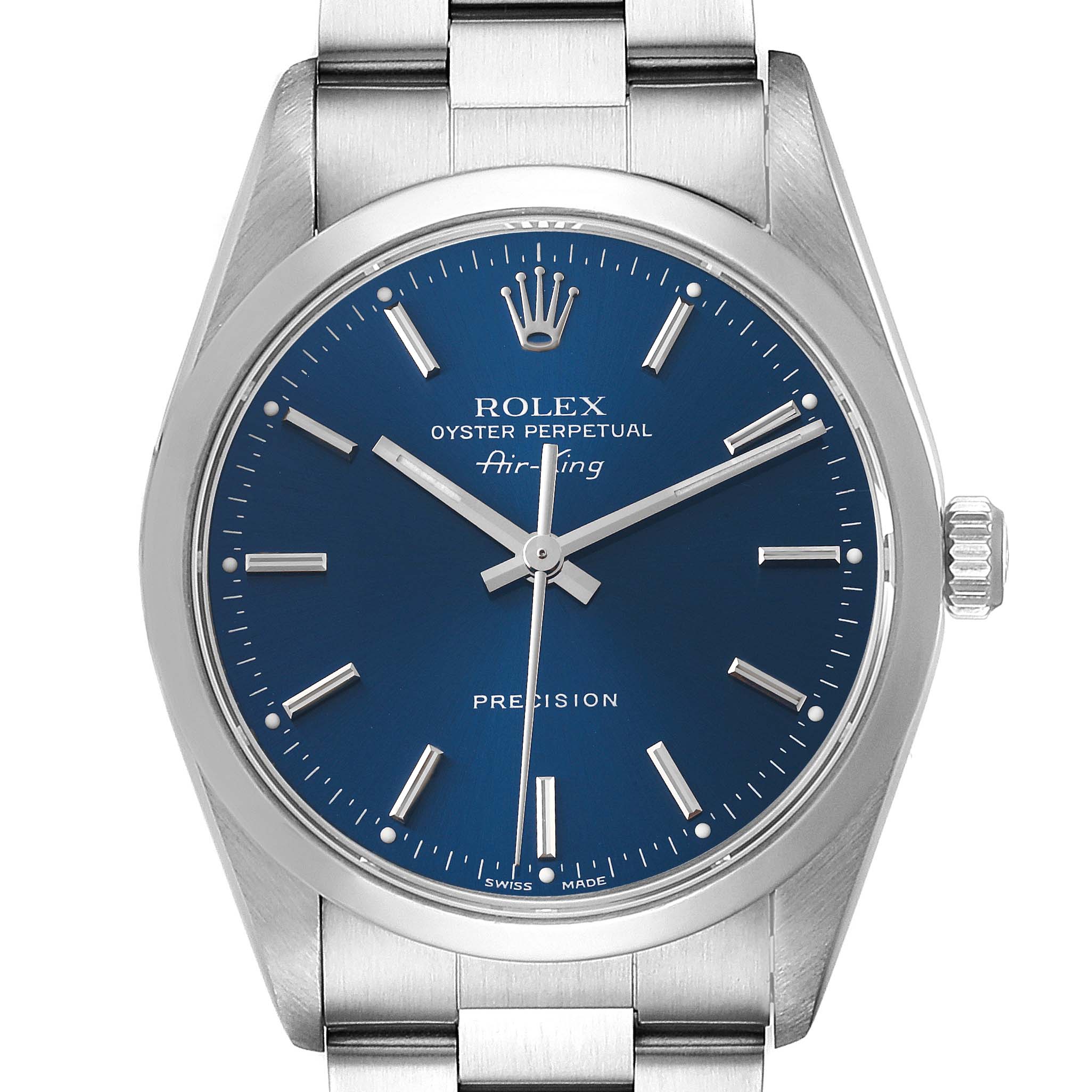 The Rolex Air-King 14000 Men's Stainless Steel Blue Dial 14000 Men's Stainless Steel Blue Dial watch is shown from a top-down angle, displaying its bezel, face, hour markers, hands, and part of its bracelet.
