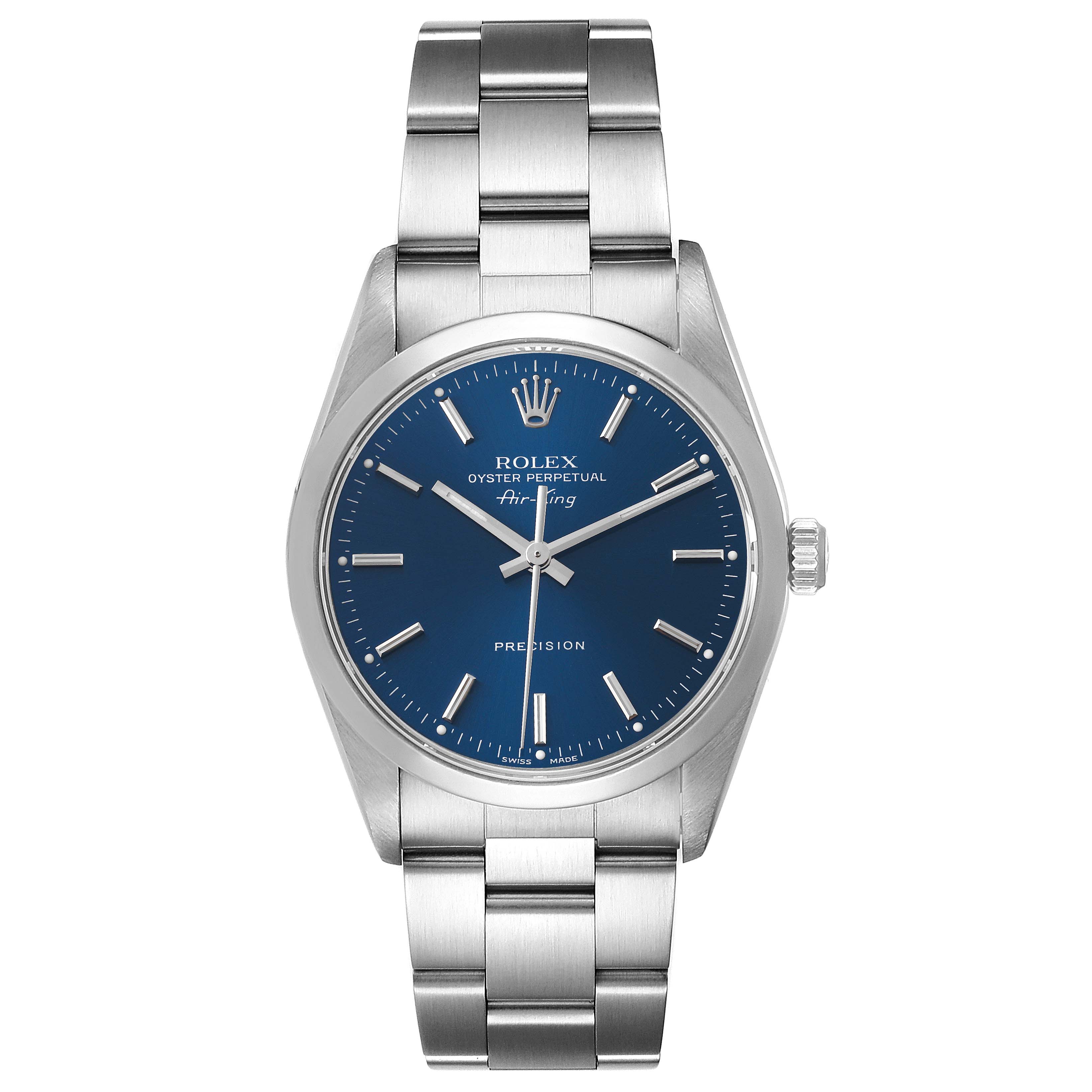 The image shows a front view of a Rolex Air-King 14000 Men's Stainless Steel Blue Dial 14000 Men's Stainless Steel Blue Dial watch with a blue dial and stainless steel bracelet.