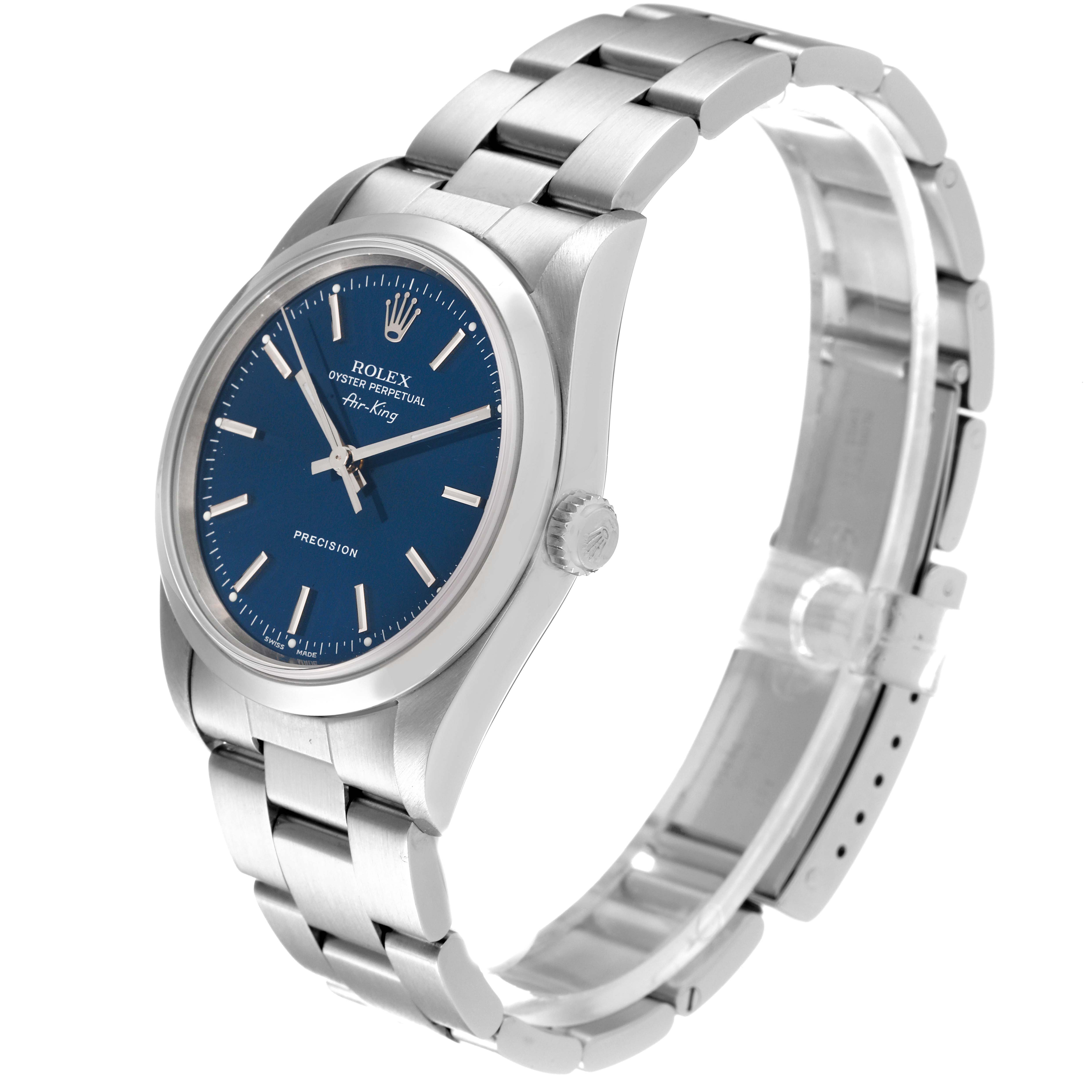 The Rolex Air-King 14000 Men's Stainless Steel Blue Dial 14000 Men's Stainless Steel Blue Dial watch is shown at a slight angle, displaying the face, crown, and bracelet.