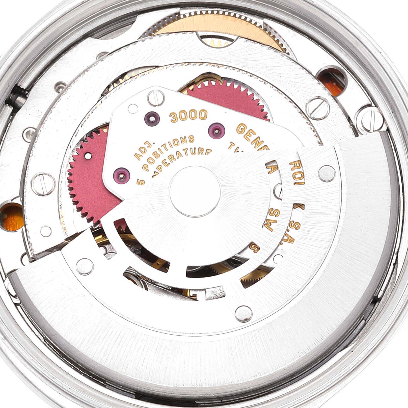 This image shows a close-up of the internal mechanism of a Rolex Air-King 14000 Men's Stainless Steel Blue Dial 14000 Men's Stainless Steel Blue Dial watch, highlighting the gears and rotor.