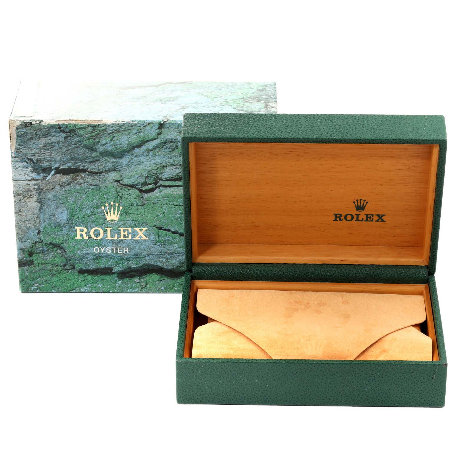The image shows a Rolex Air-King 14000 Men's Stainless Steel Blue Dial 14000 Men's Stainless Steel Blue Dial watch box set, including an exterior box and an interior wooden case with a leather pouch.