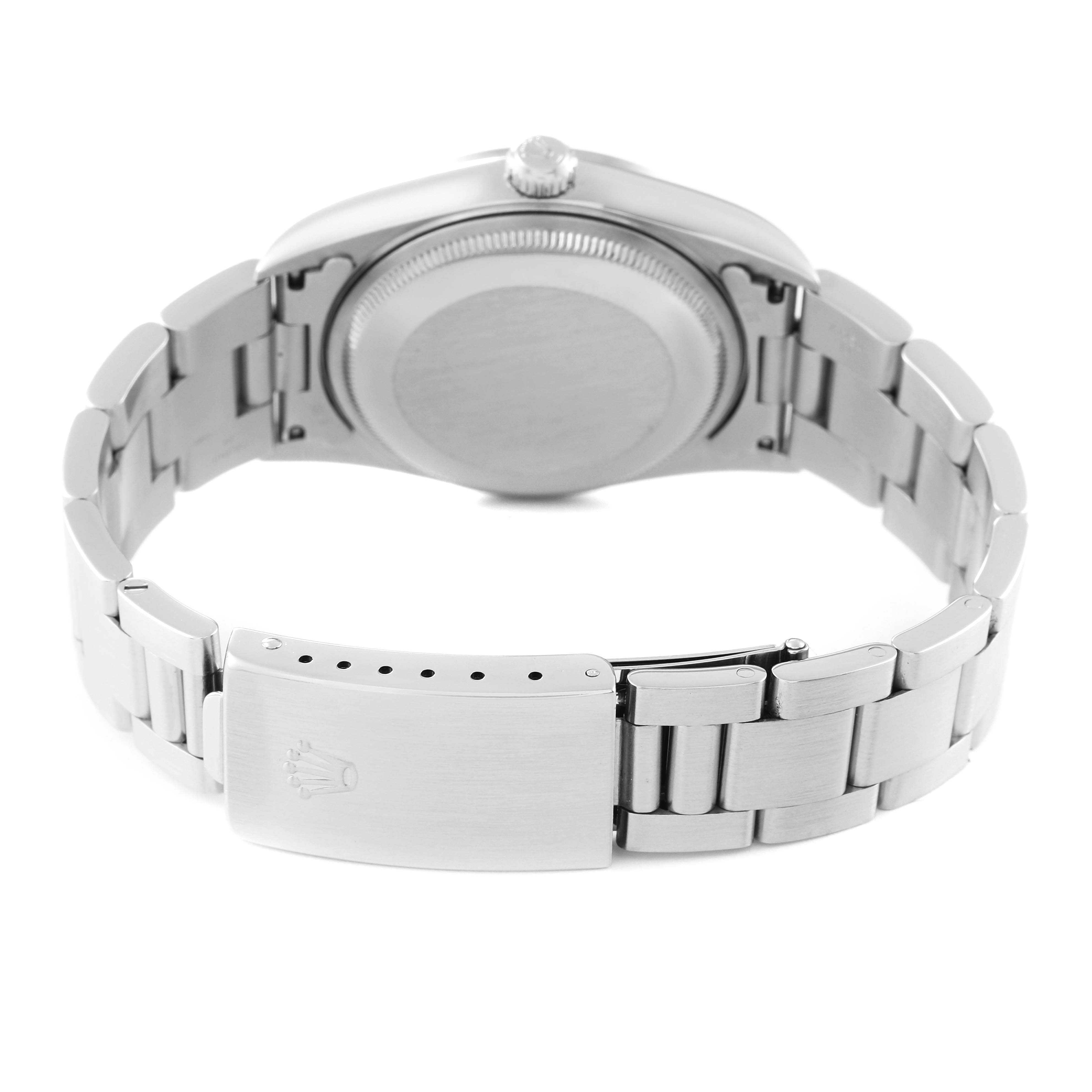 This image displays the back view of a Rolex Air-King 14000 Men's Stainless Steel Blue Dial 14000 Men's Stainless Steel Blue Dial watch, focusing on the case back and metal bracelet clasp.