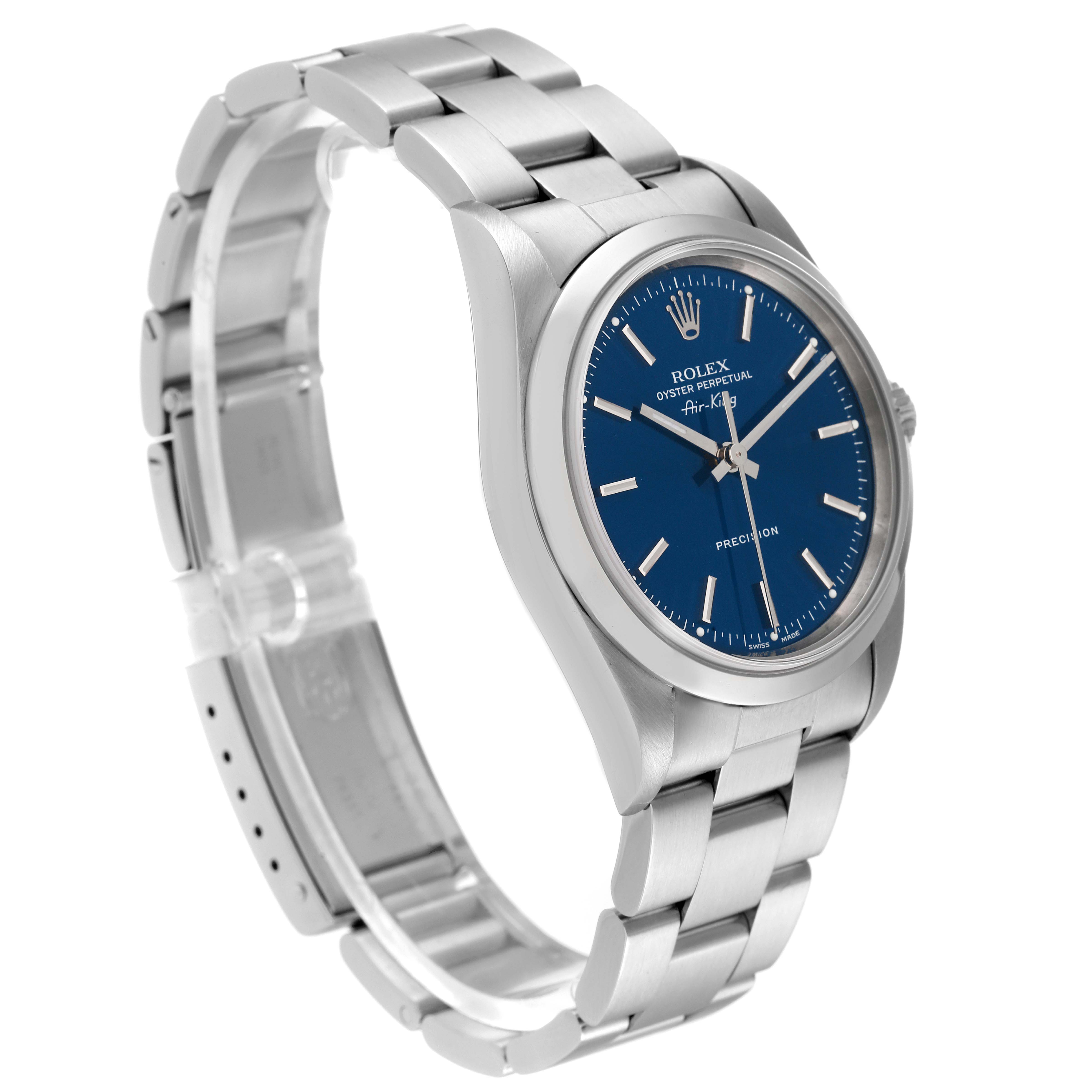 This image shows a side angle of the Rolex Air-King 14000 Men's Stainless Steel Blue Dial 14000 Men's Stainless Steel Blue Dial watch highlighting the dial, case, and bracelet.
