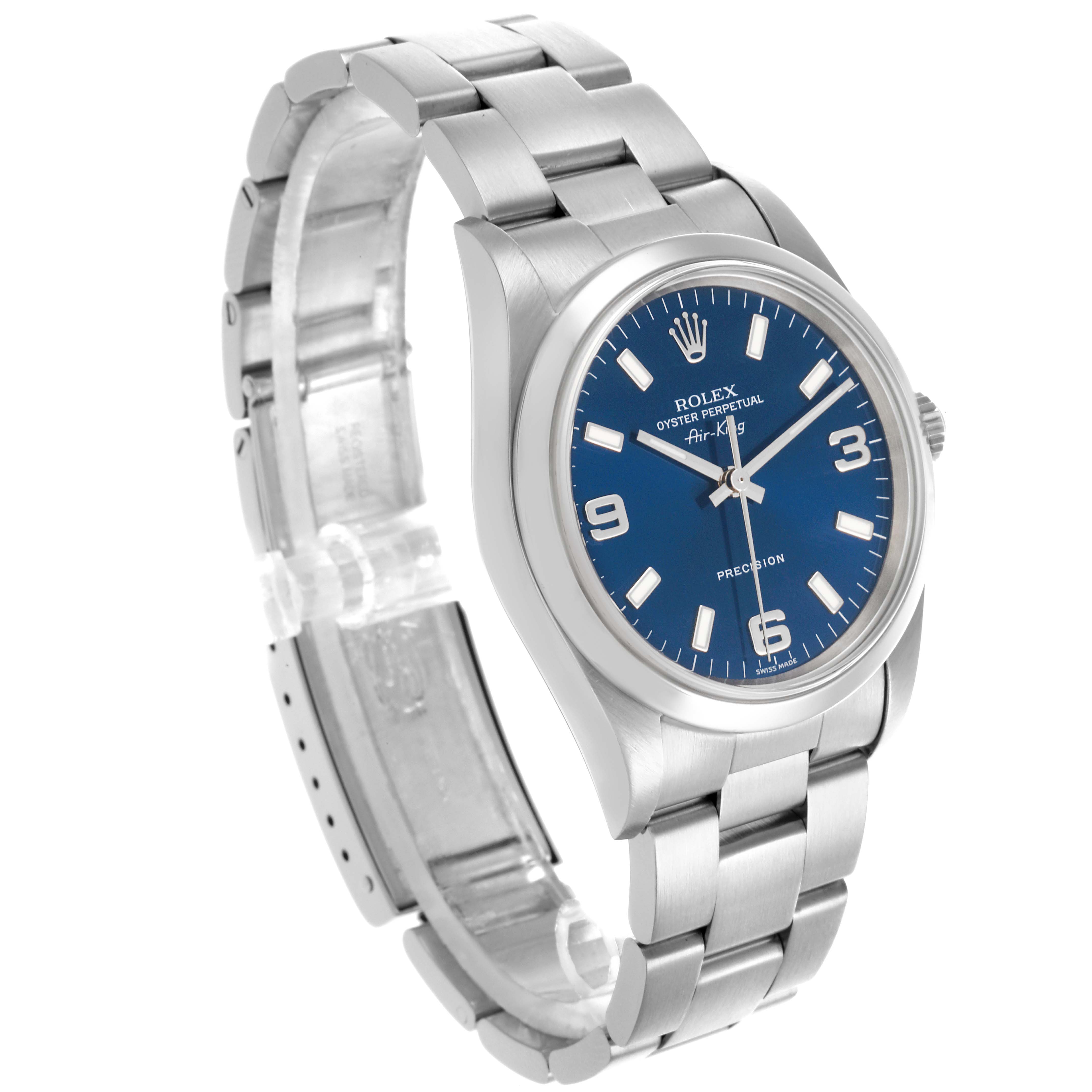 The Rolex Air-King 14000M Men's Stainless Steel Blue Dial 14000M Men's Stainless Steel Blue Dial watch is shown at a slight angle, highlighting the face, bezel, and part of the bracelet.
