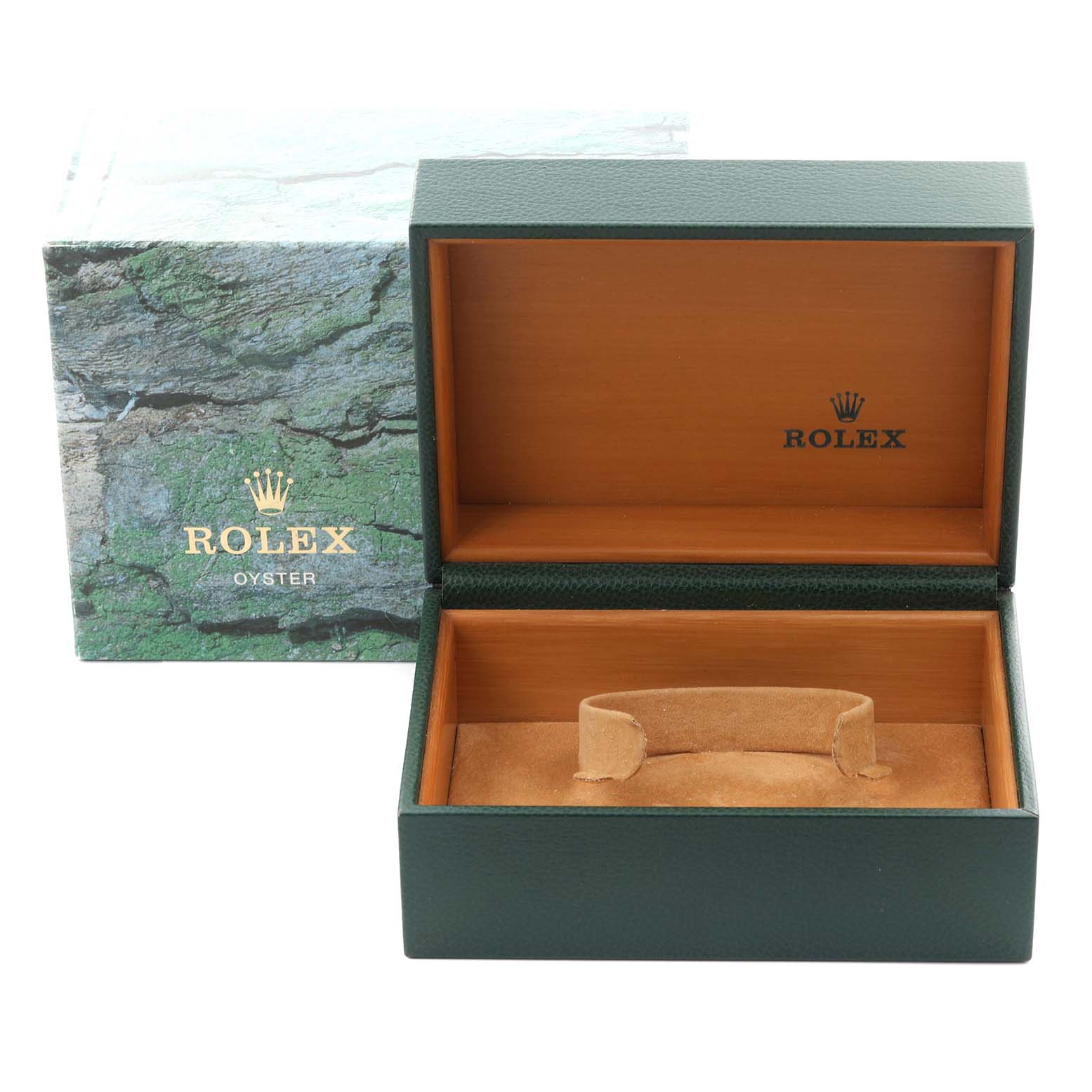 The image shows an open Rolex Air-King 14000M Men's Stainless Steel Blue Dial 14000M Men's Stainless Steel Blue Dial watch box, featuring a green exterior and wood-like interior finish.