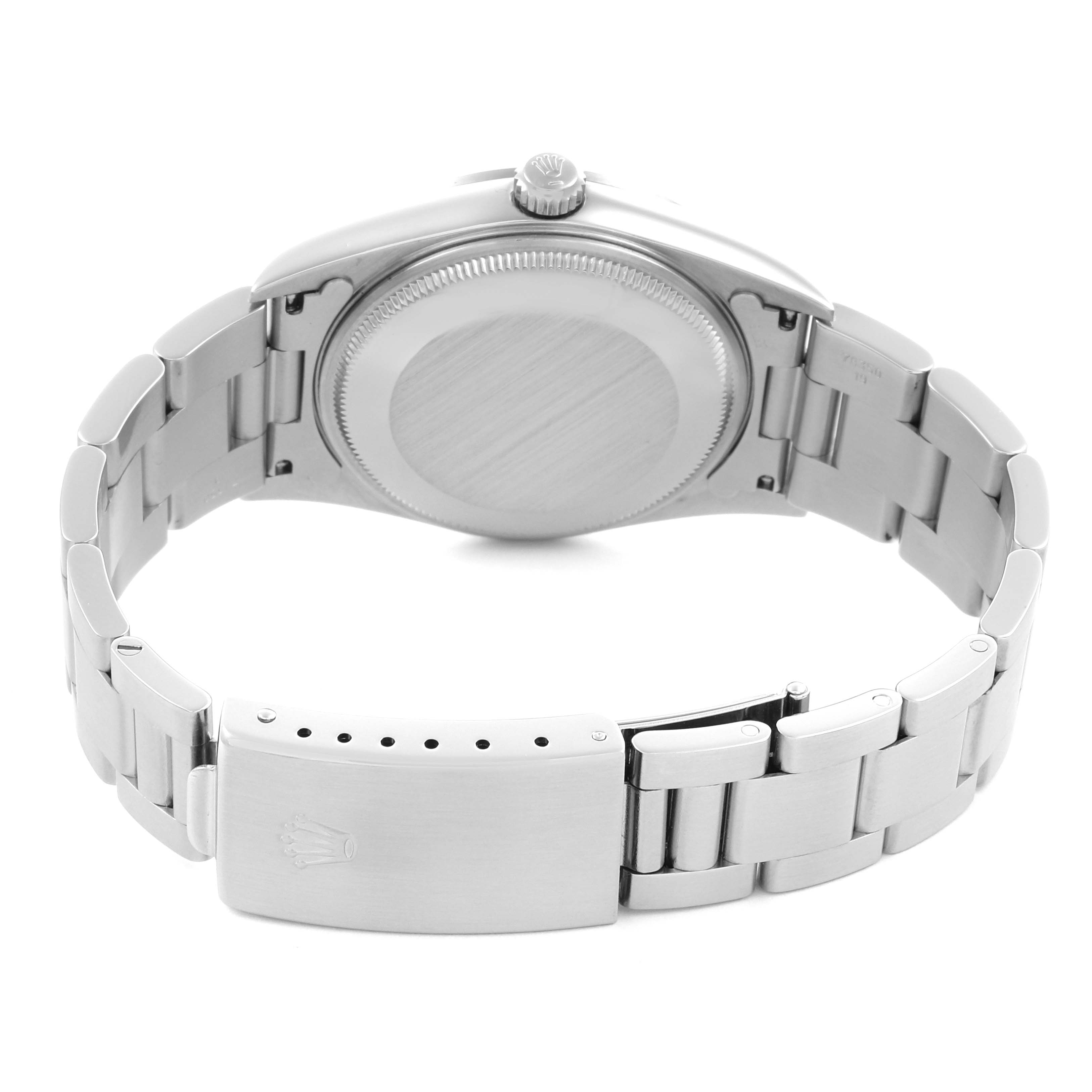 The image shows the back view of a Rolex Air-King 14000M Men's Stainless Steel Blue Dial 14000M Men's Stainless Steel Blue Dial watch, highlighting the bracelet and clasp.