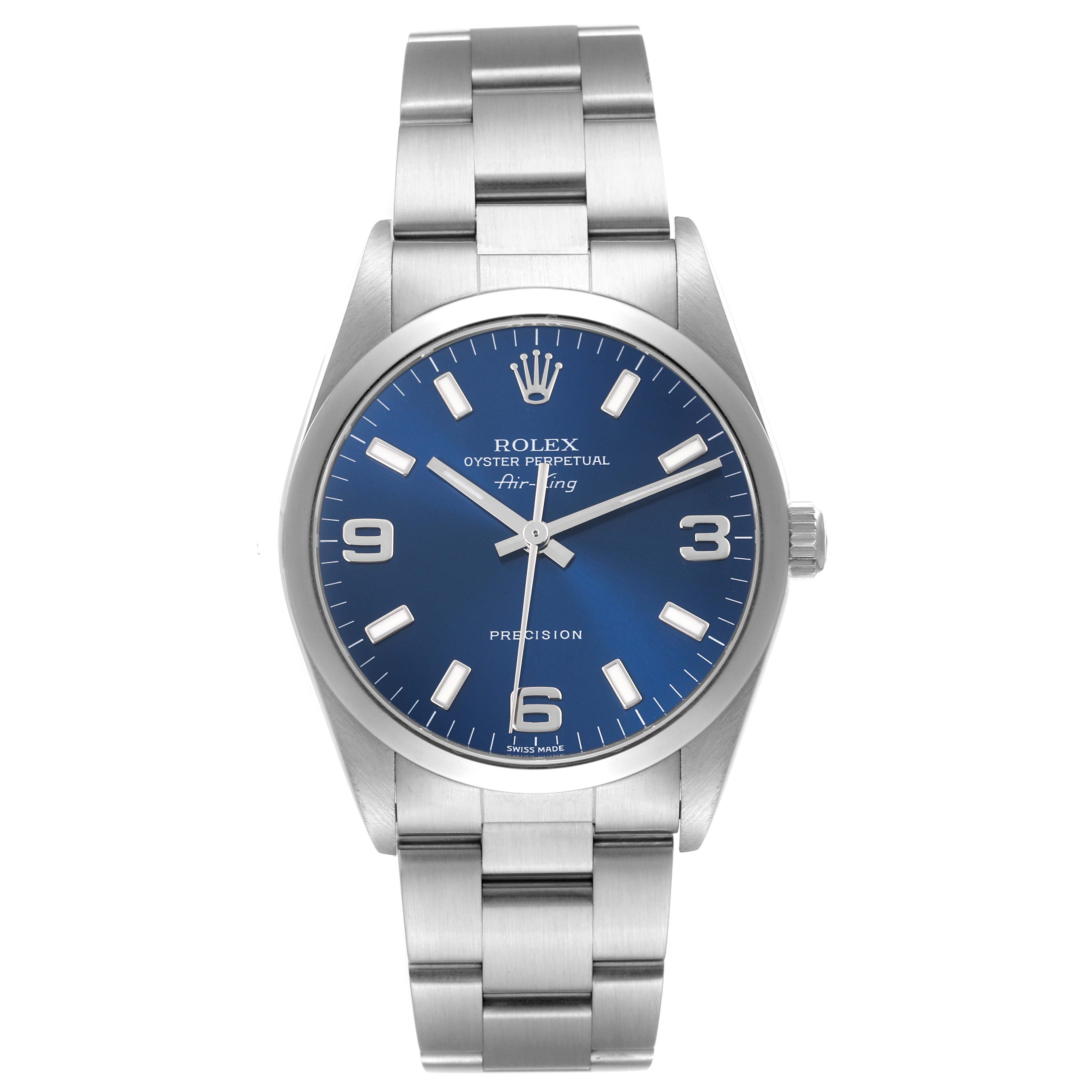 The Rolex Air-King 14000M Men's Stainless Steel Blue Dial 14000M Men's Stainless Steel Blue Dial watch is shown from a front angle, displaying its face, bezel, and metal bracelet.