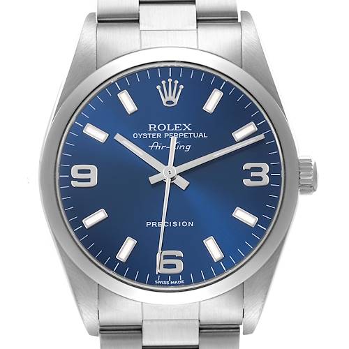 The Rolex Air-King watch is shown from a front view, highlighting its blue dial, markers, hands, bezel, and part of the bracelet.