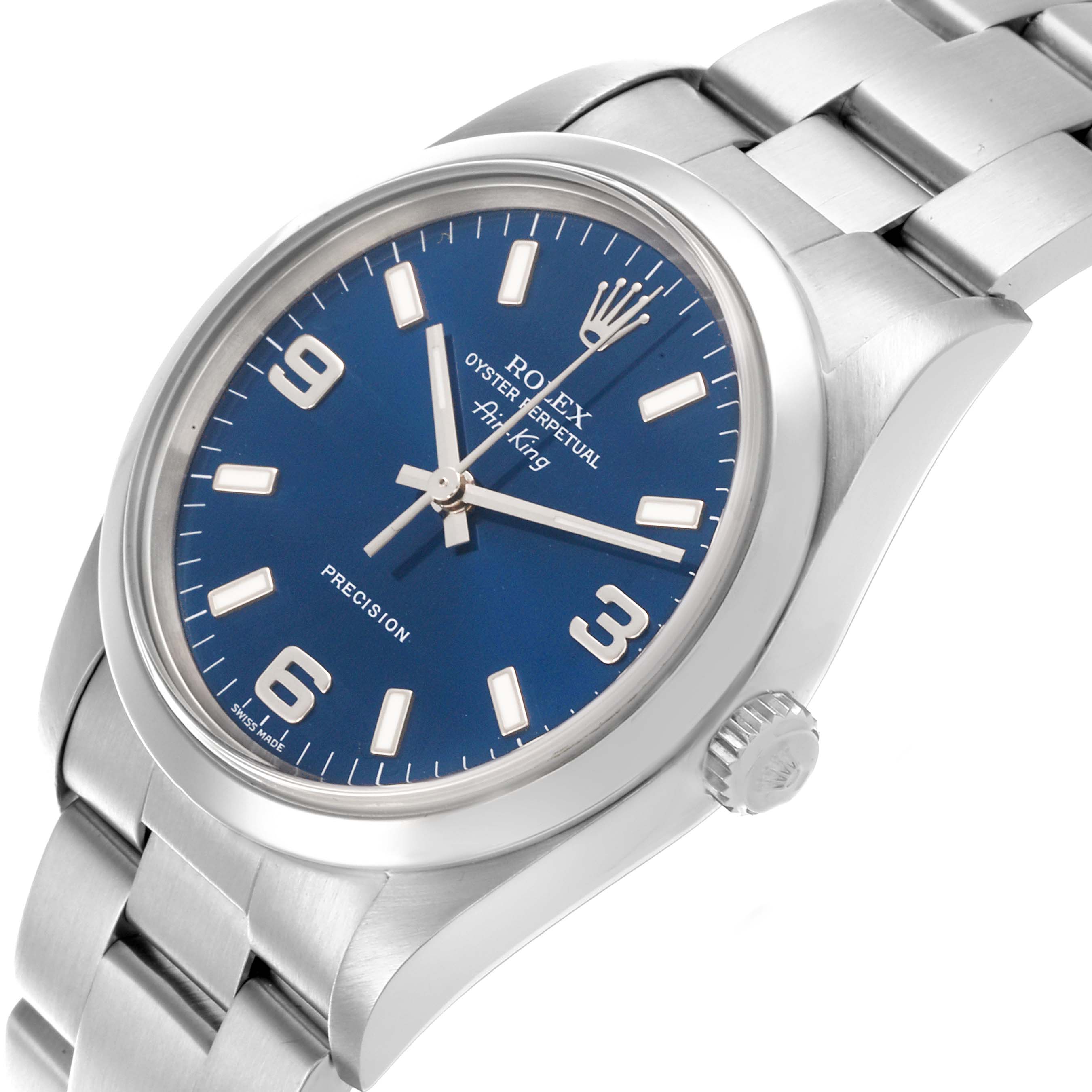 The Rolex Air-King 14000M Men's Stainless Steel Blue Dial 14000M Men's Stainless Steel Blue Dial watch is shown from a slightly tilted angle, highlighting the dial, crown, and part of the bracelet.