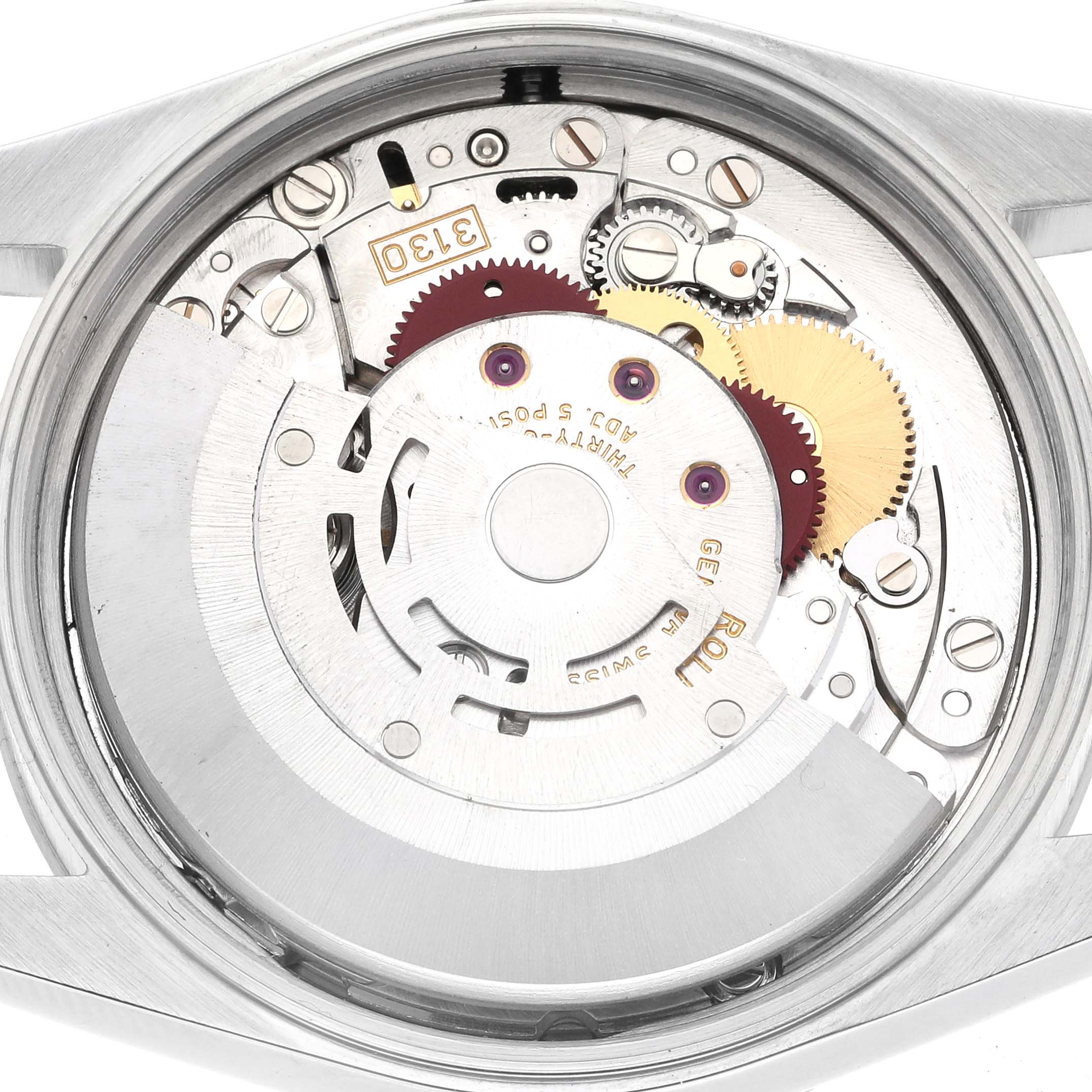 The image shows the movement mechanism of a Rolex Air-King 14000M Men's Stainless Steel Blue Dial 14000M Men's Stainless Steel Blue Dial watch from the back.