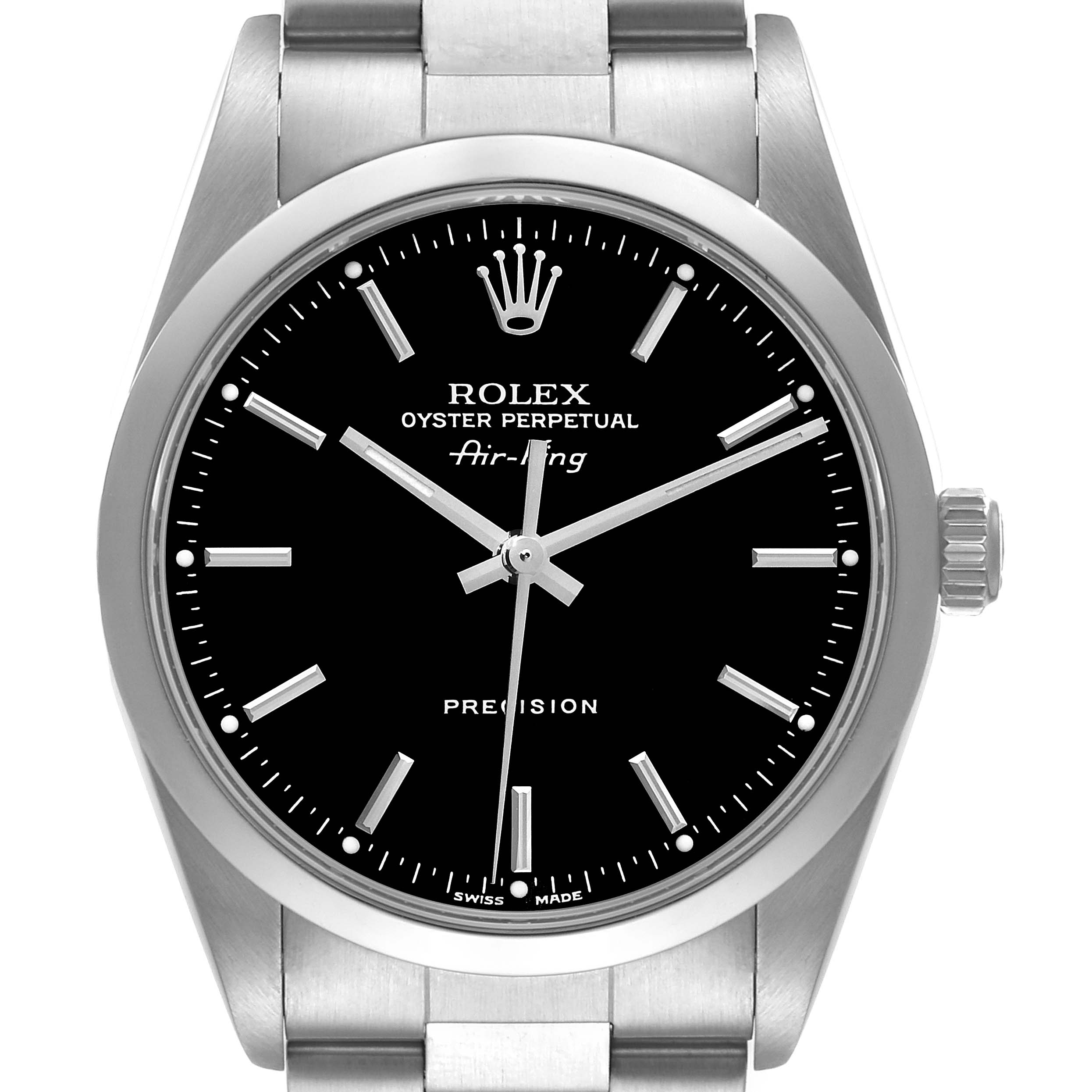 The image shows a front view of a Rolex Air-King 14000M Men's Stainless Steel Black Dial 14000M Men's Stainless Steel Black Dial watch, displaying its black dial, hour markers, hands, crown, and part of the bracelet.