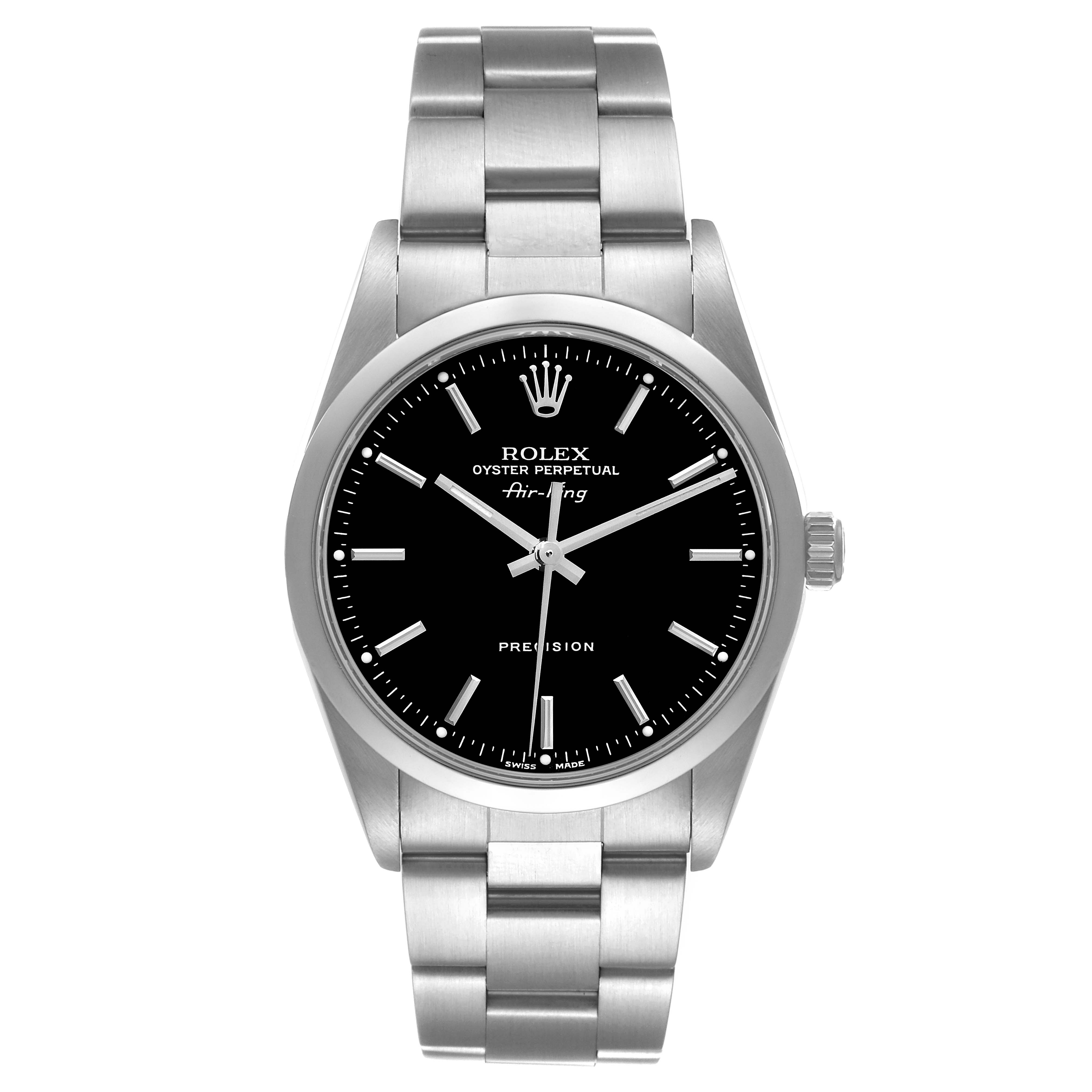 This image shows a front-angle view of the Rolex Air-King 14000M Men's Stainless Steel Black Dial 14000M Men's Stainless Steel Black Dial watch, highlighting its black dial, silver hands, and stainless steel bracelet.