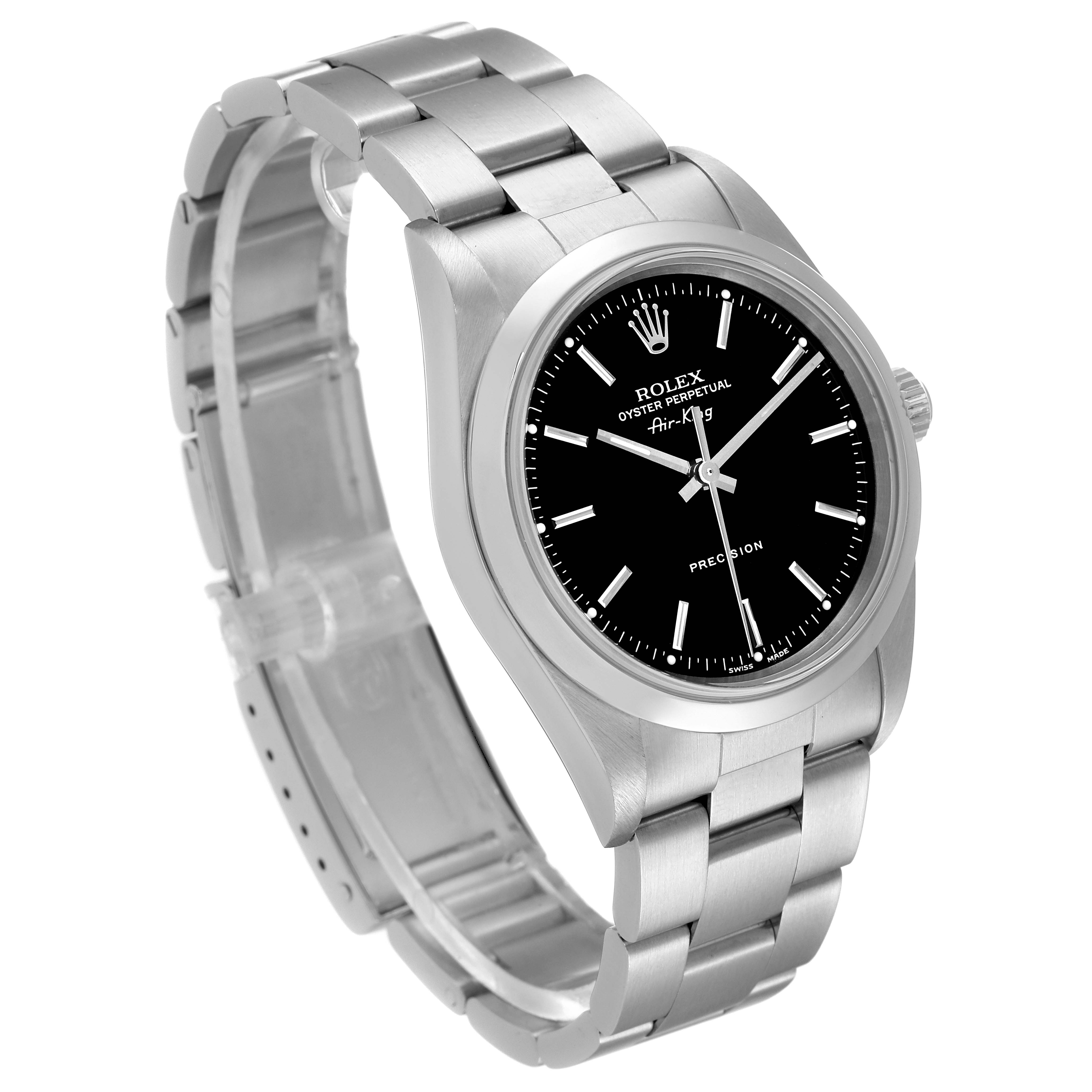 The image shows a Rolex Air-King 14000M Men's Stainless Steel Black Dial 14000M Men's Stainless Steel Black Dial watch at a slight angle, highlighting the band, case, and black dial with markings.