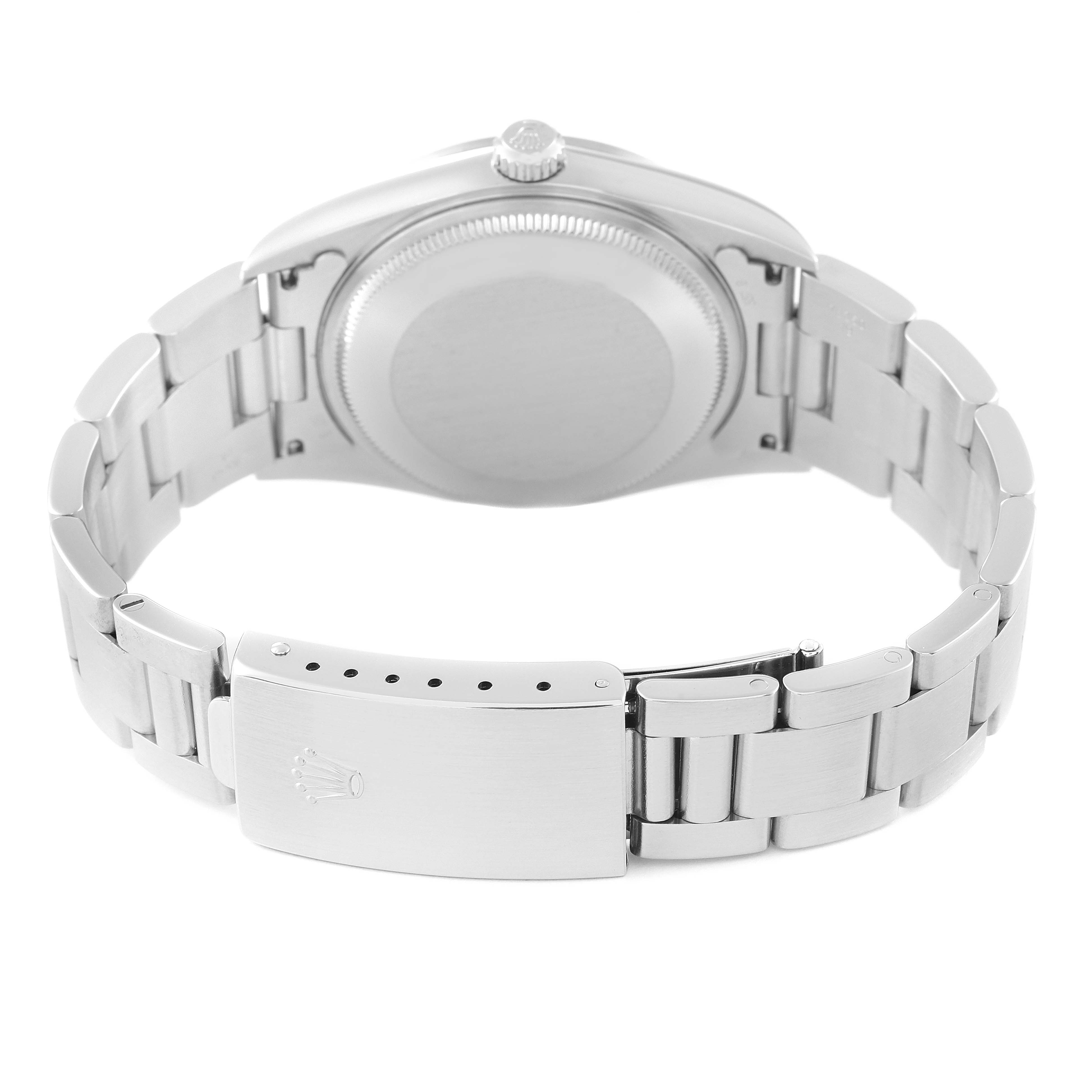 The image shows the back case and bracelet clasp of the Rolex Air-King 14000M Men's Stainless Steel Black Dial 14000M Men's Stainless Steel Black Dial watch from a rear angle.