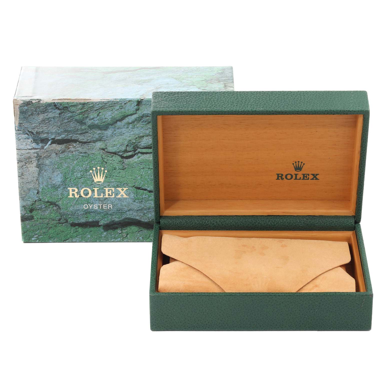 The image shows a green Rolex box and an open wooden inner case for the Rolex Air-King 14000M Men's Stainless Steel Black Dial 14000M Men's Stainless Steel Black Dial model.