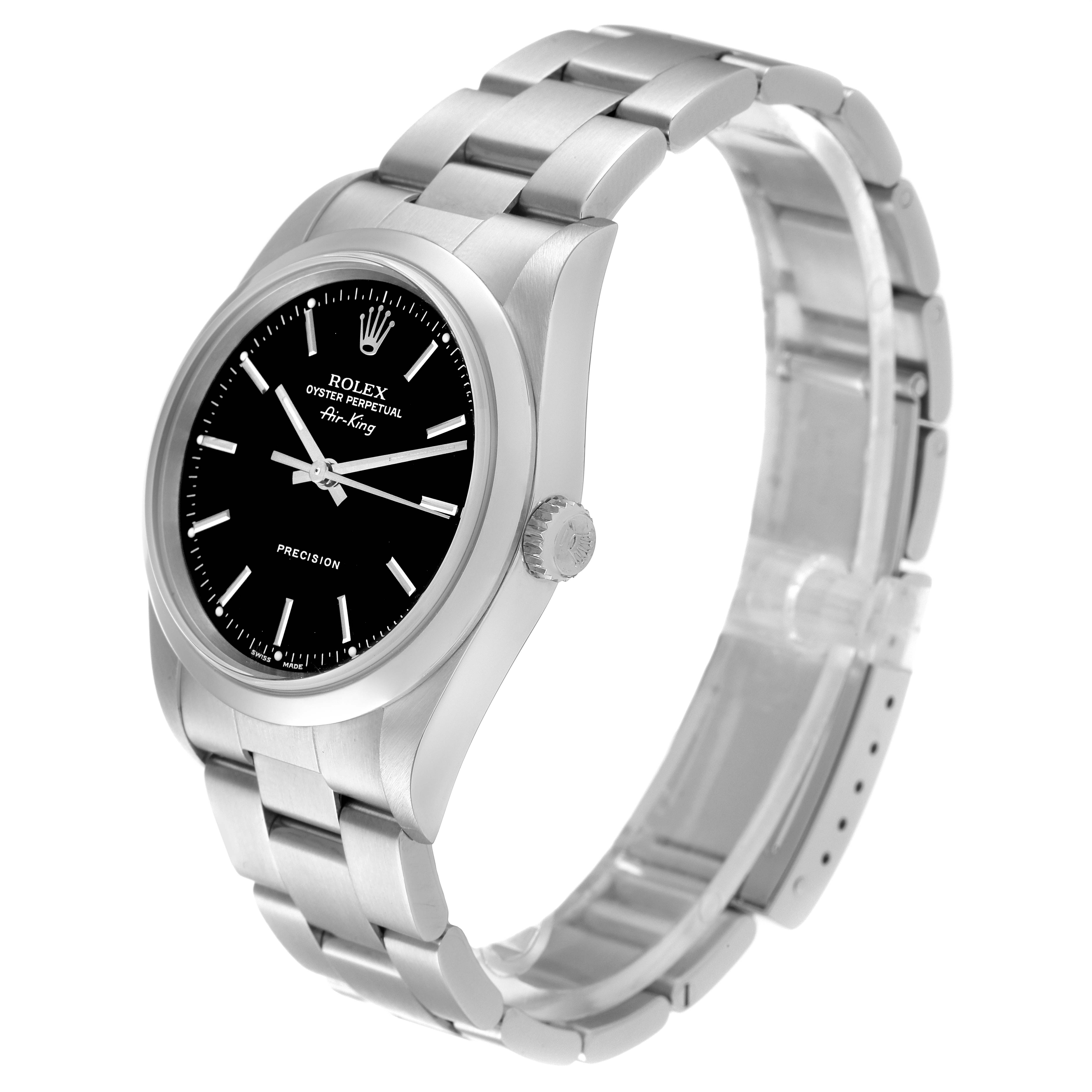 This image shows a side angle of the Rolex Air-King 14000M Men's Stainless Steel Black Dial 14000M Men's Stainless Steel Black Dial watch displaying the face, bezel, crown, and bracelet.