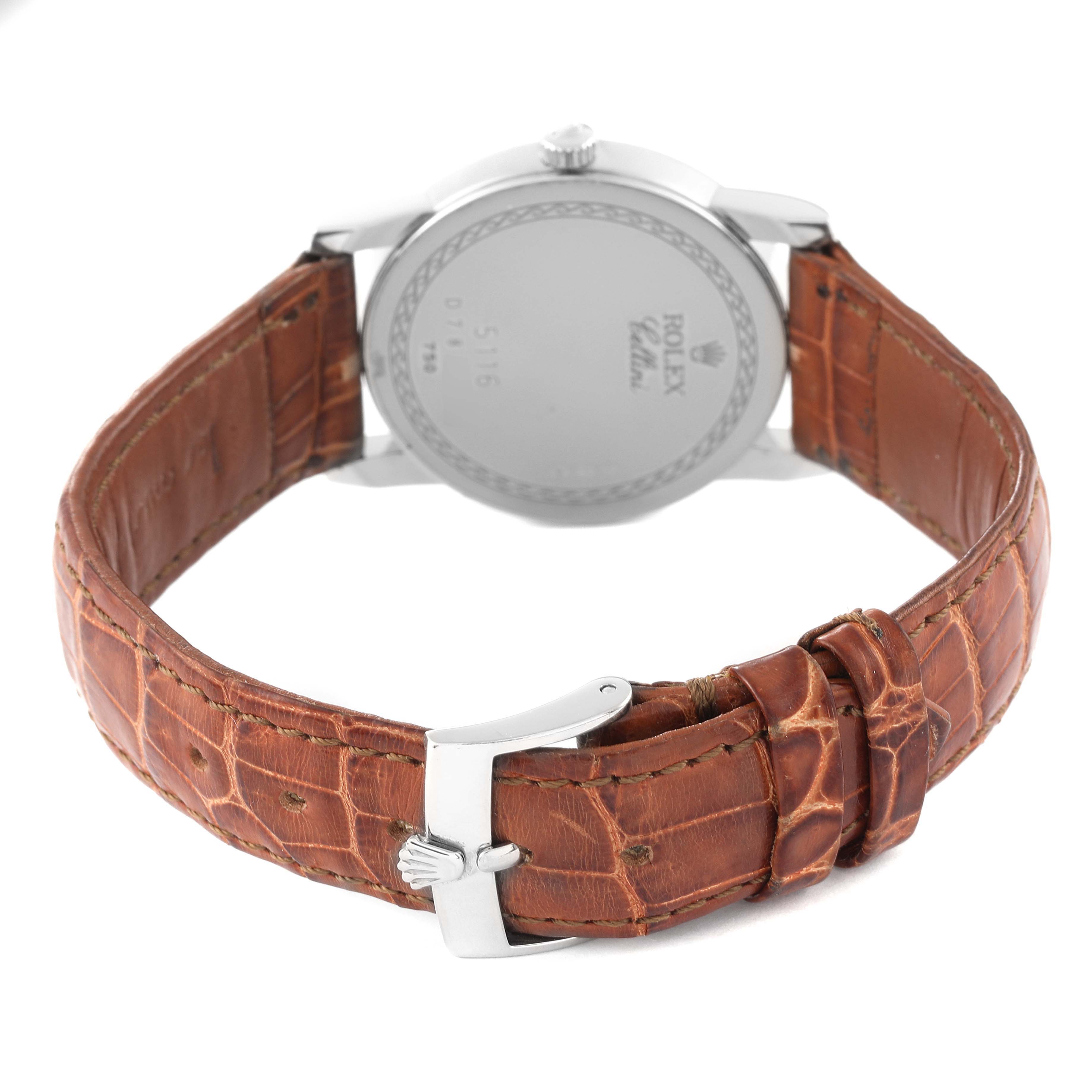 The image shows the back and strap of a Rolex Cellini 5116 Men's White Gold Beige Dial 5116 Men's White Gold Beige Dial watch at a rear angle.