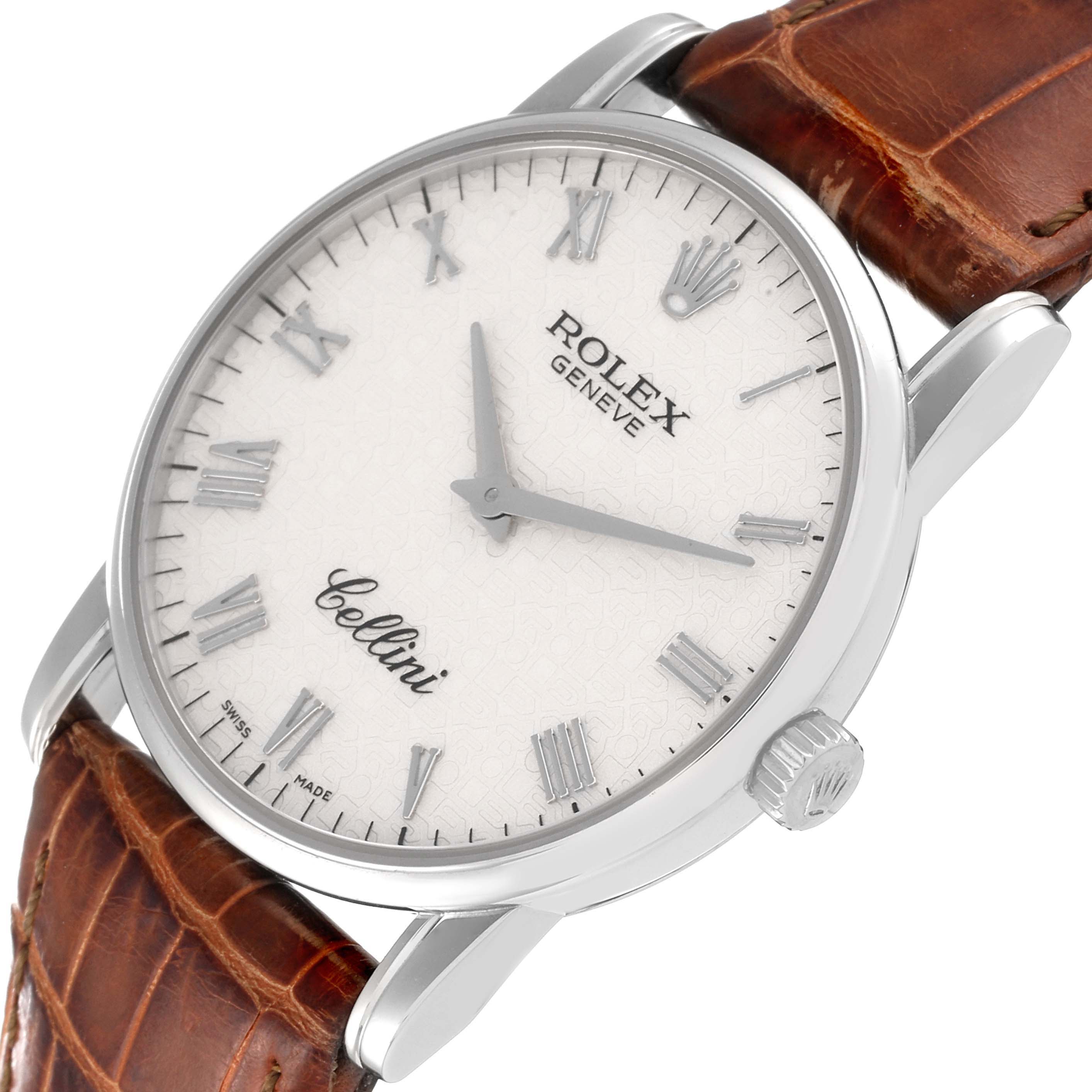 The image shows a Rolex Cellini 5116 Men's White Gold Beige Dial 5116 Men's White Gold Beige Dial watch from a slight angle, highlighting its dial, hour markers, crown, and brown strap.