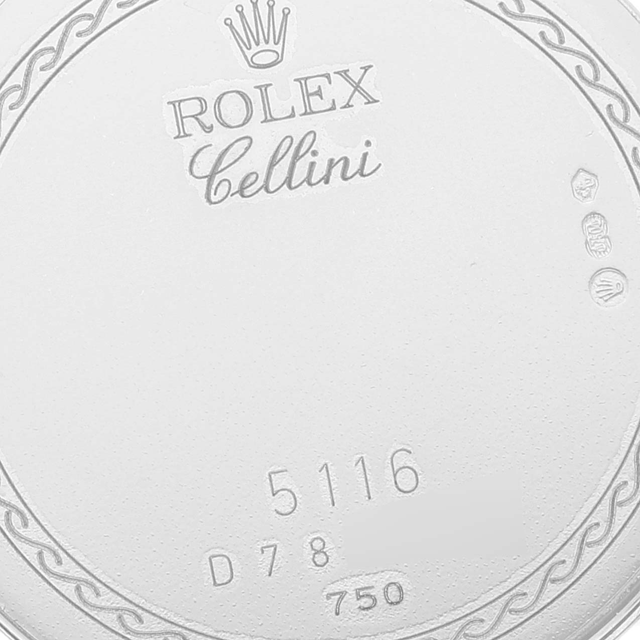 The image shows the back case of a Rolex Cellini 5116 Men's White Gold Beige Dial 5116 Men's White Gold Beige Dial model, displaying the brand name, model number, and a decorative pattern.