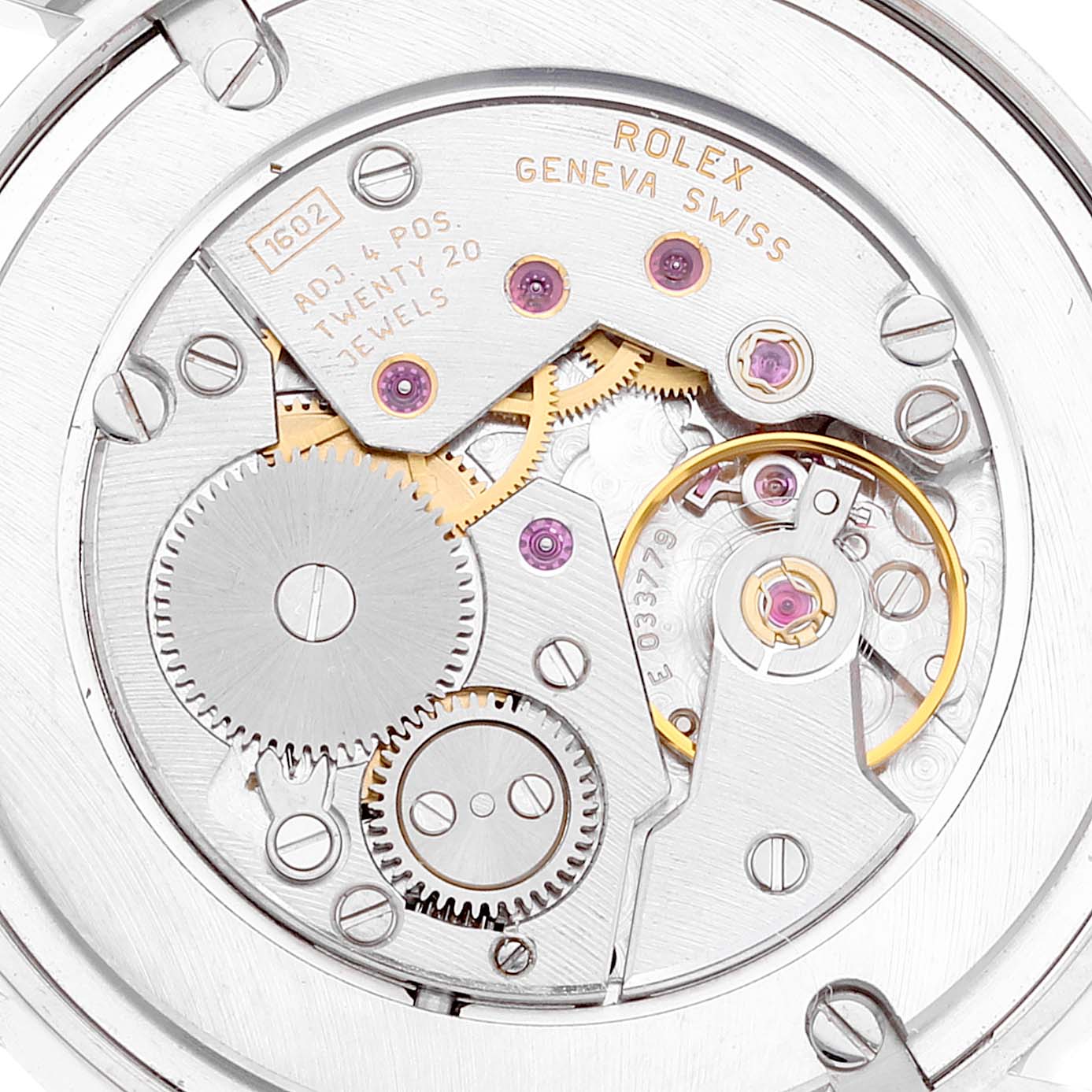 This image shows the intricate inner mechanical movement of a Rolex Cellini 5116 Men's White Gold Beige Dial 5116 Men's White Gold Beige Dial watch from a top-down view.