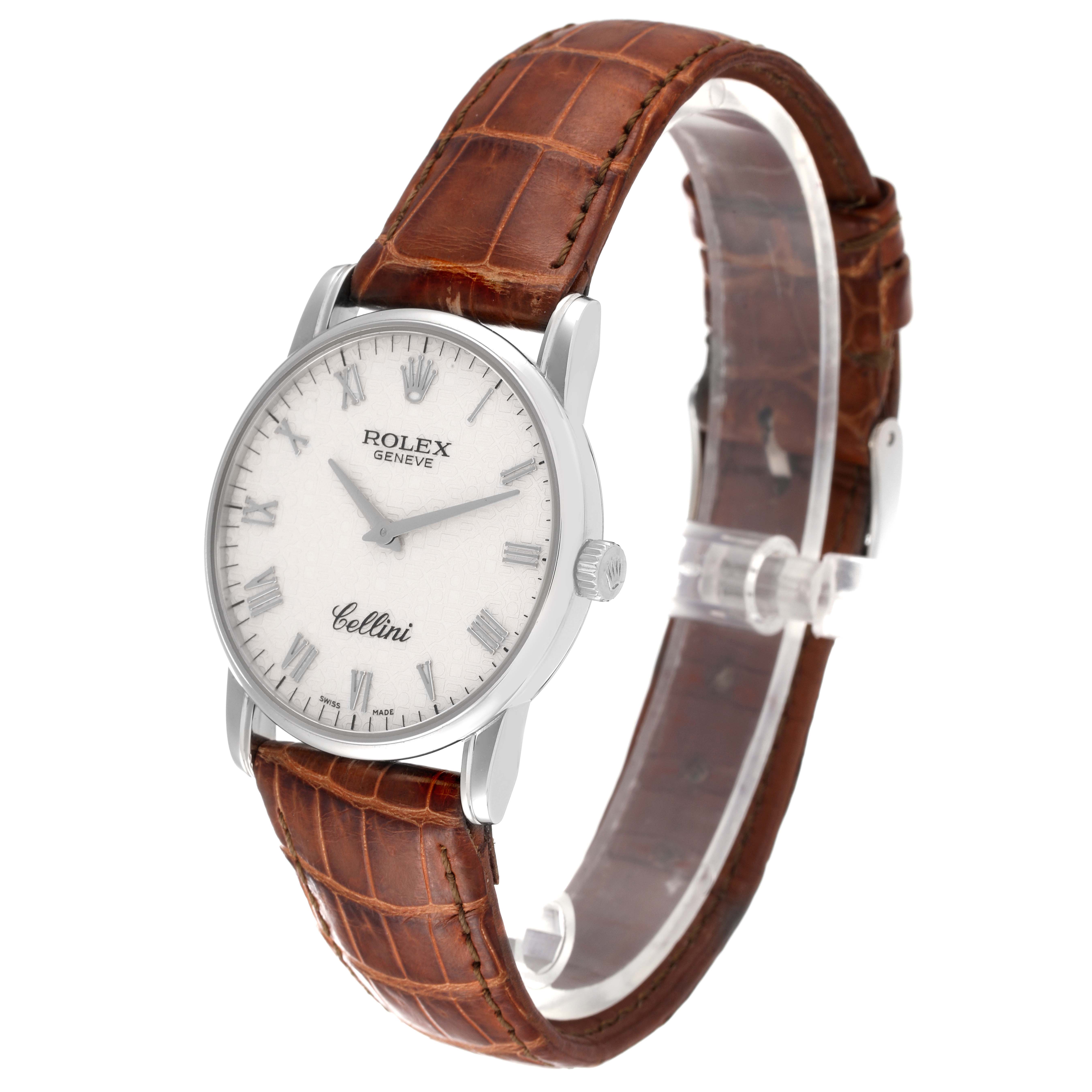 The image shows a Rolex Cellini 5116 Men's White Gold Beige Dial 5116 Men's White Gold Beige Dial watch at a three-quarter angle, highlighting its face, casing, and brown leather strap.