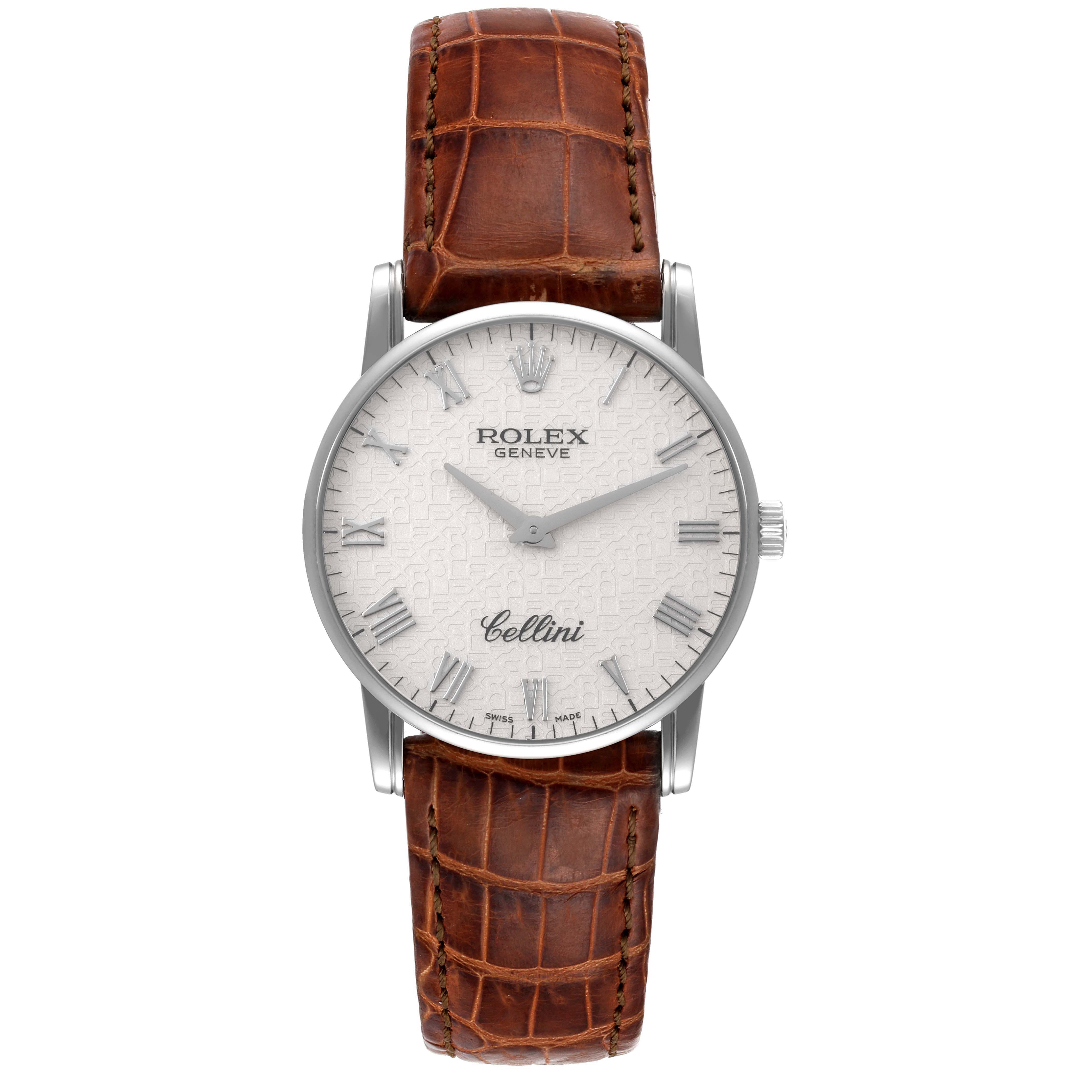 This image shows a front view of the Rolex Cellini 5116 Men's White Gold Beige Dial 5116 Men's White Gold Beige Dial watch, highlighting its brown leather strap and white dial.